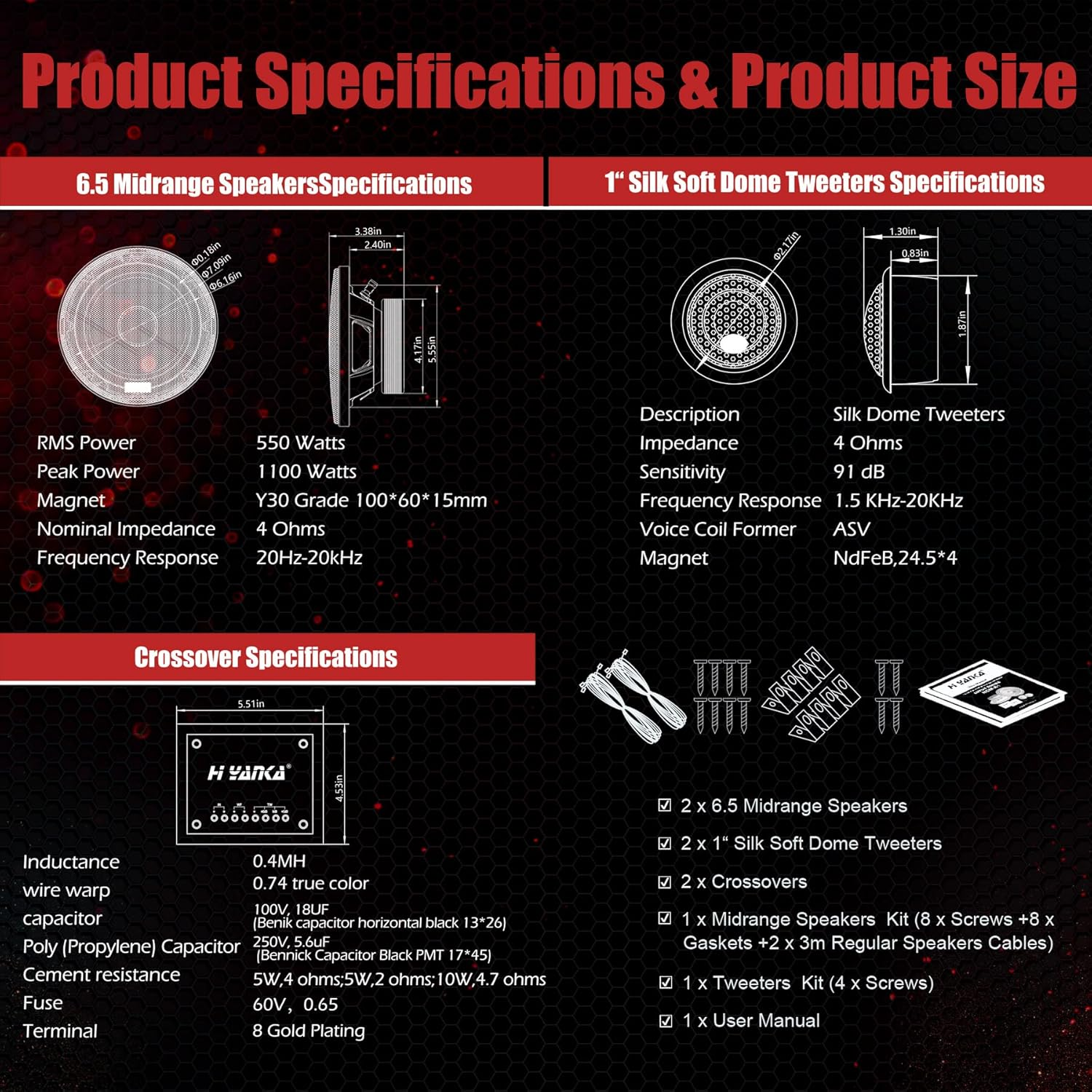 H YANKA 6.5-HCM Component Car Speakers, 600 Watt Pro Car Audio 4 Ohms Stereo Door Speakers Perfect for Upgrading Any Car Stereo System Includes a Pair of Midrange Woofers,Tweeters, Crossovers（Pair） image number 3