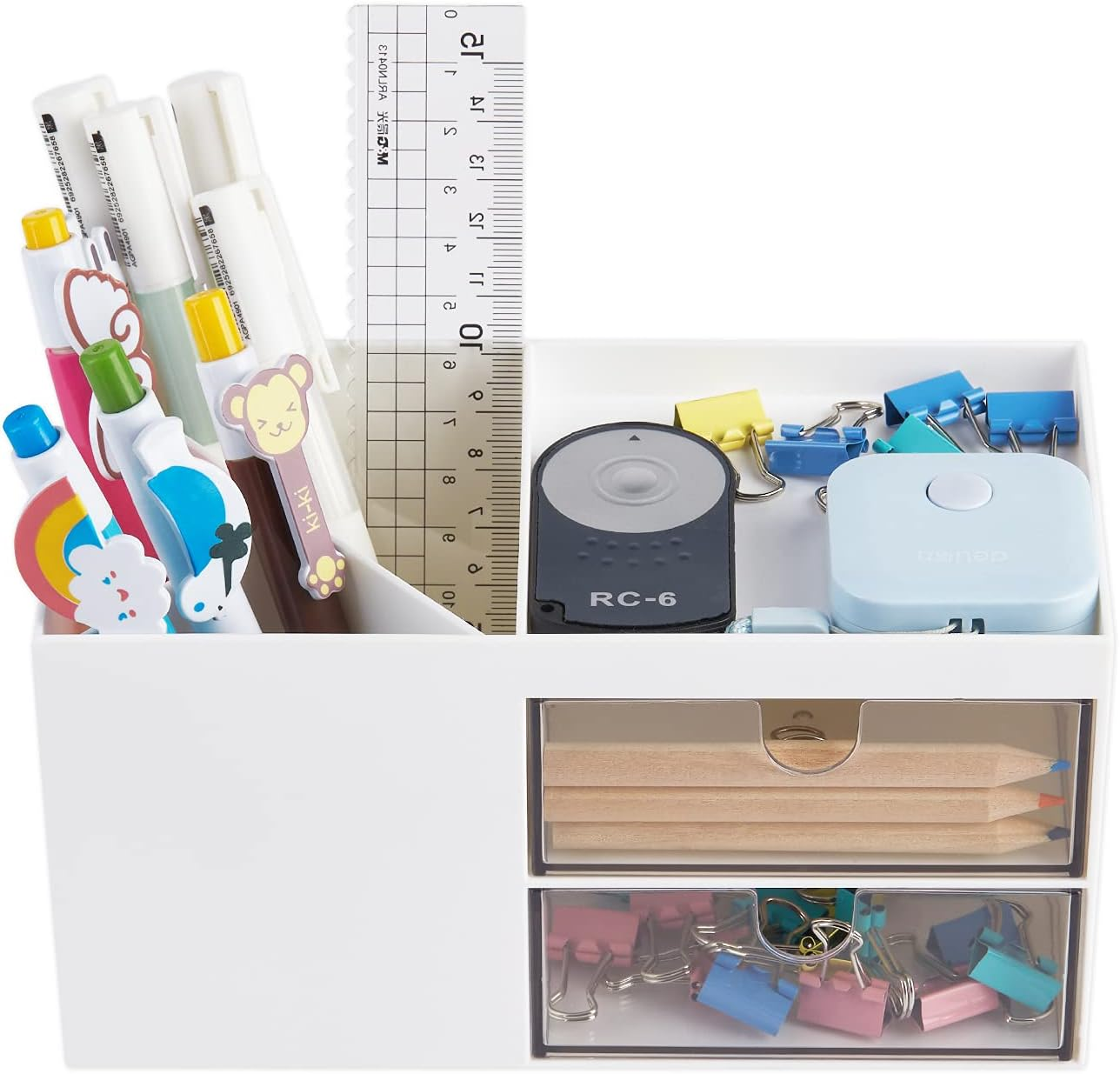 LETURE Office Desk Organizer with Drawer, Office Supplies and Desk Accessories, Business Card/Pen/Pencil/Mobile Phone/Stationery Holder Storage Box (White) image number 2