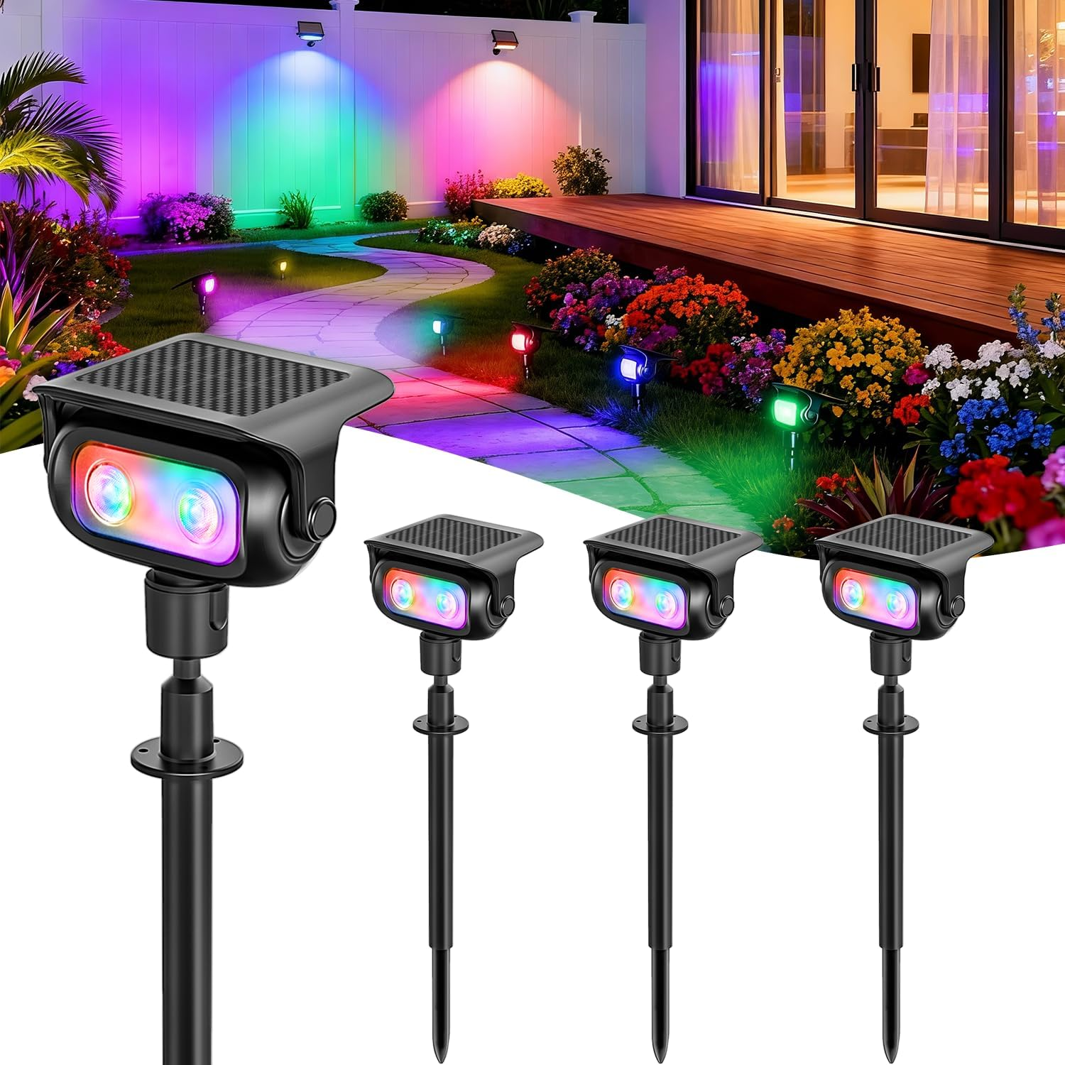 Solar Spot Lights Waterproof Outdoor, 5 Lighting Modes RGB Outdoor Garden Lights, outside Wall Lights, RGB Landscape Light Solar Powered for Garden, Patio, Yard, Lawn, Backyard (4 Pack) image number 5
