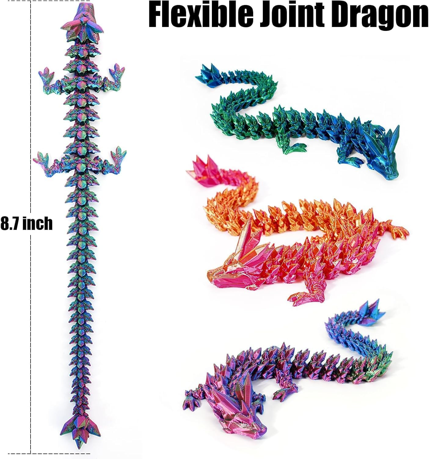 3D Printed Crystal Dragon Fidget Toy, Flexible Articulated 4PCS Animal Decor (4-Piece Set-A) image number 6