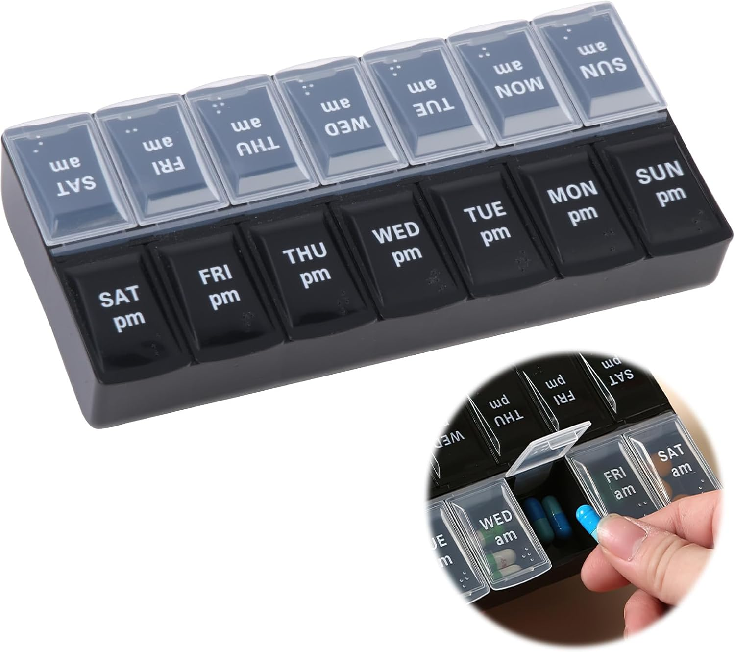 Weekly AM & PM Pill Organizer, Medicine Container 7 Days 2 Times Day and Night for Travel, Tablet Organiser Large for Vitamins Fish-Oil Supplements Capsule Storage with Braille (Black & White) image number 3