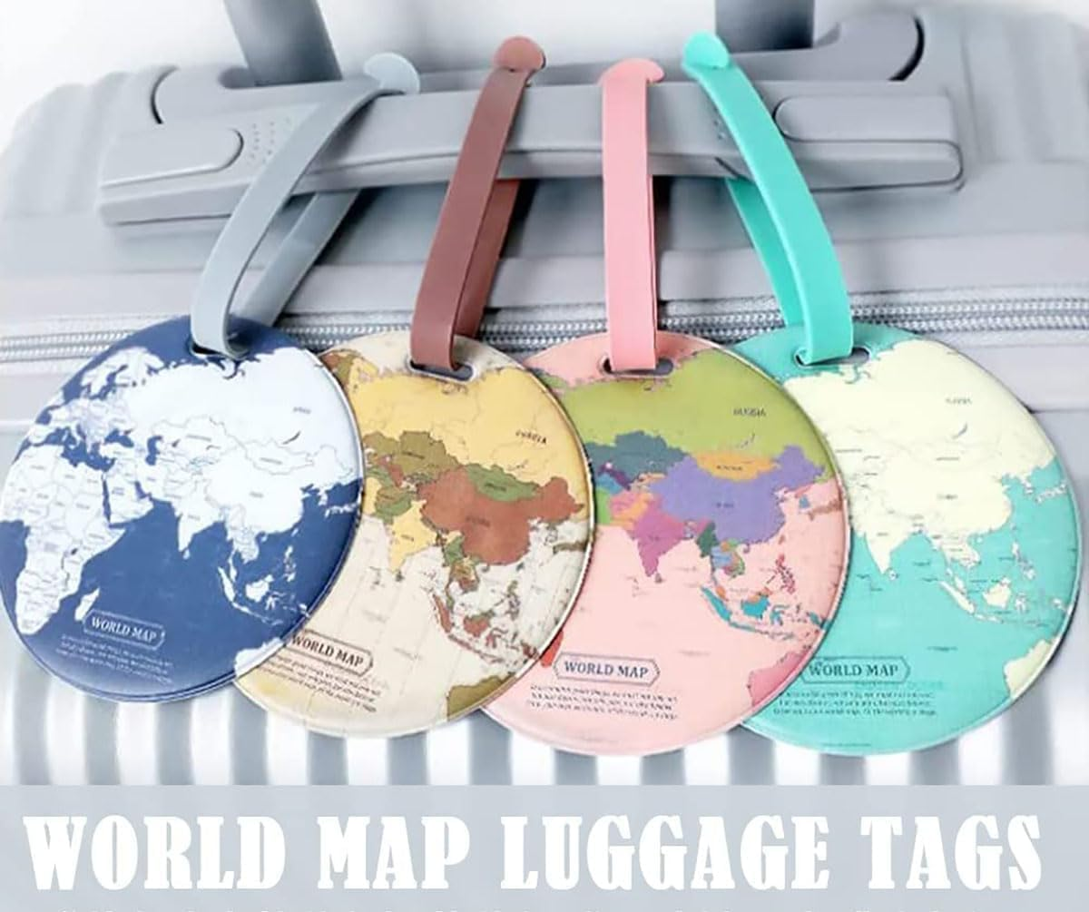 PVC World Map Luggage Tags Suitcase Tags, 4Pcs World Map Travel Luggage Suitcase Labels, round World Map Travel Luggage Tags image number 1