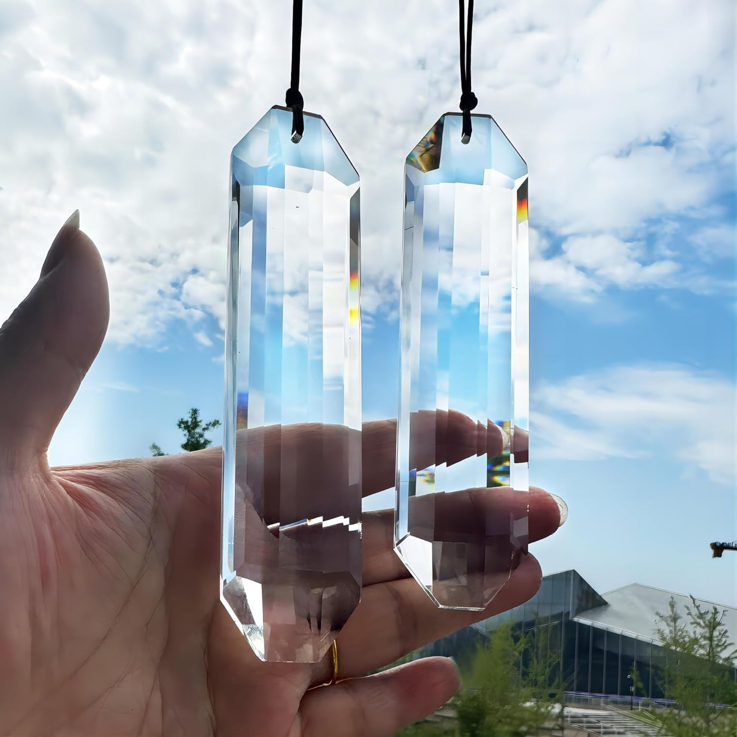 HDCRYSTALGIFTS Set 2 Crystal Sun Catcher Prisms Pendant for Window Hanging Decor,3Inch AB Colored Crystal Suncatchers Rainbow Maker Light Catcher for Home Indoor Garden Ornament