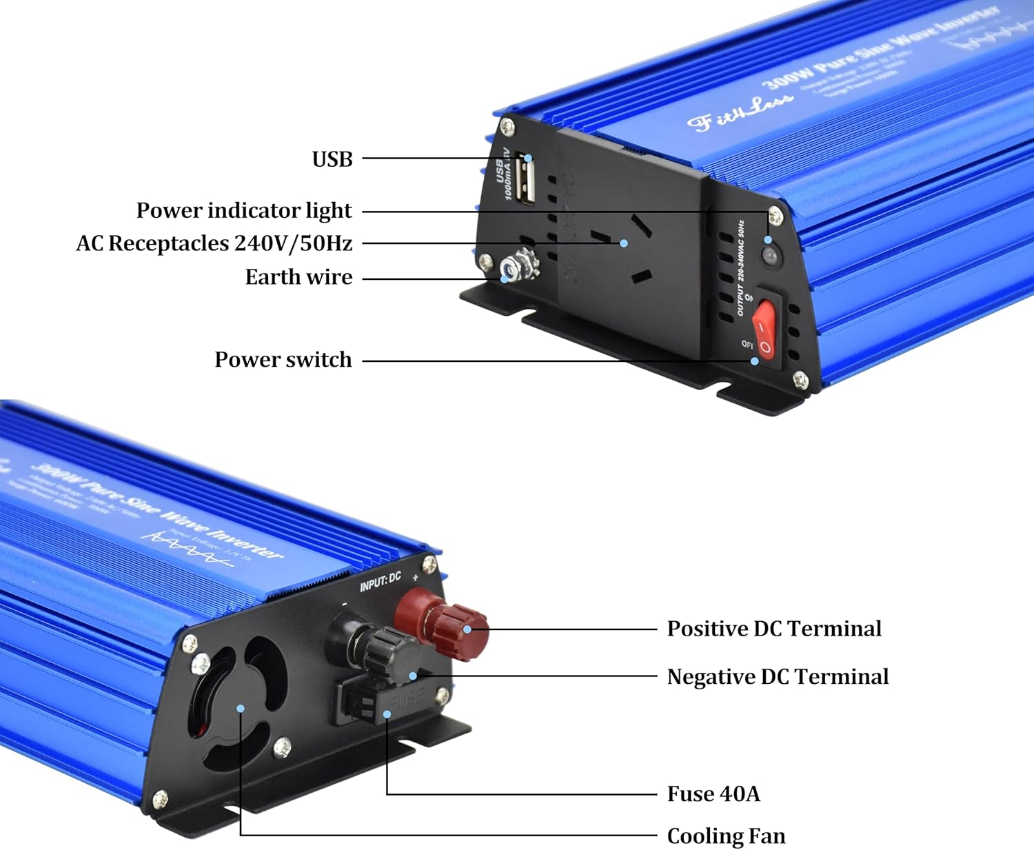 Pure Sine Wave Power Inverter 300W Rated Power and 600W Surge Power, Input DC12V Output Ac240V/50Hz with SAA Socket and USB DC5V Output. (300W) image number 1