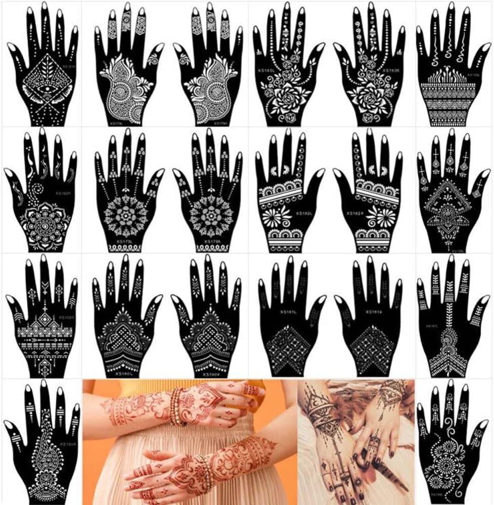 XMASIR 20 Sheets Henna Tattoo Kit Stencil for Hand, Temporary Airbrush Tattoos Stencils Arabian Tattoo Stickers Henna Templates for Body Paint Art (20Pcs-1)