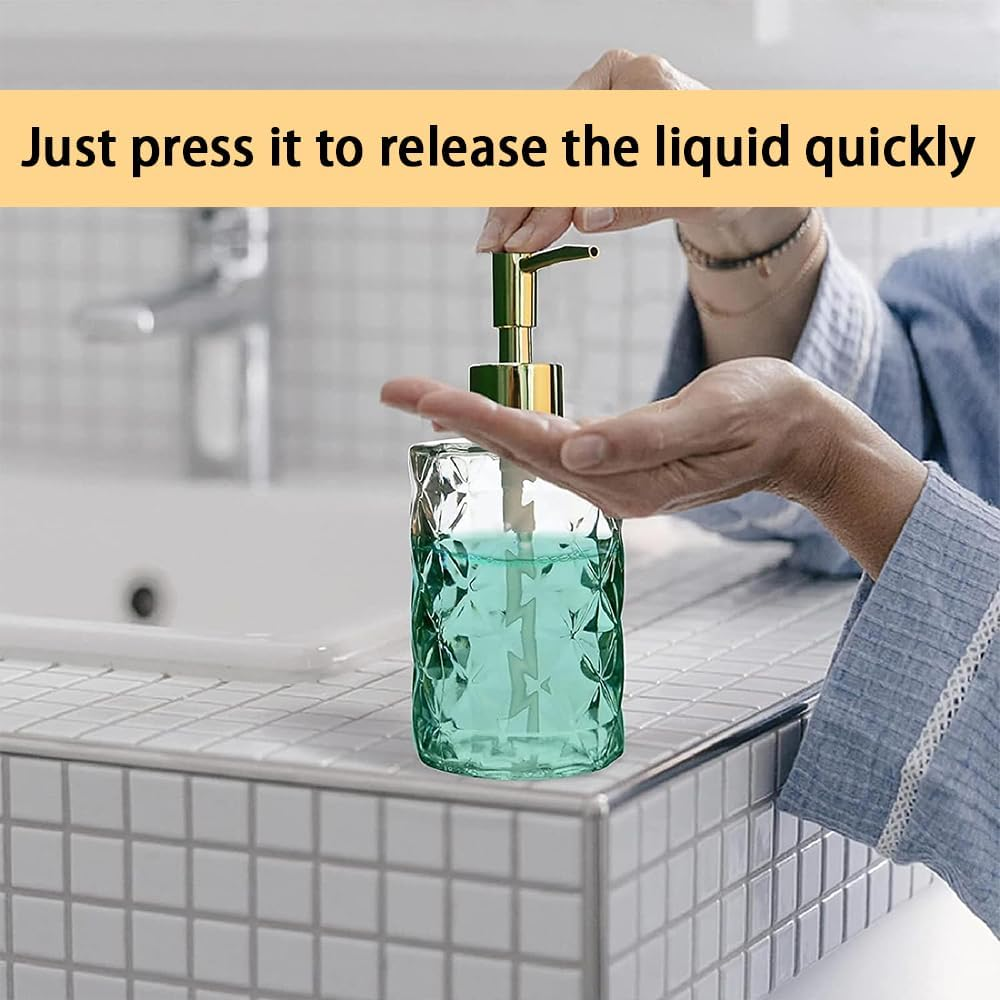 2 Pack 12Oz Diamond Hand Soap Dispenser, Clear Glass Soap Dispenser with Gold Pump, Refillable Lotion Dispenser & Dish Soap Dispenser, Bathroom Soap Dispenser for Liquid, Shower Gel