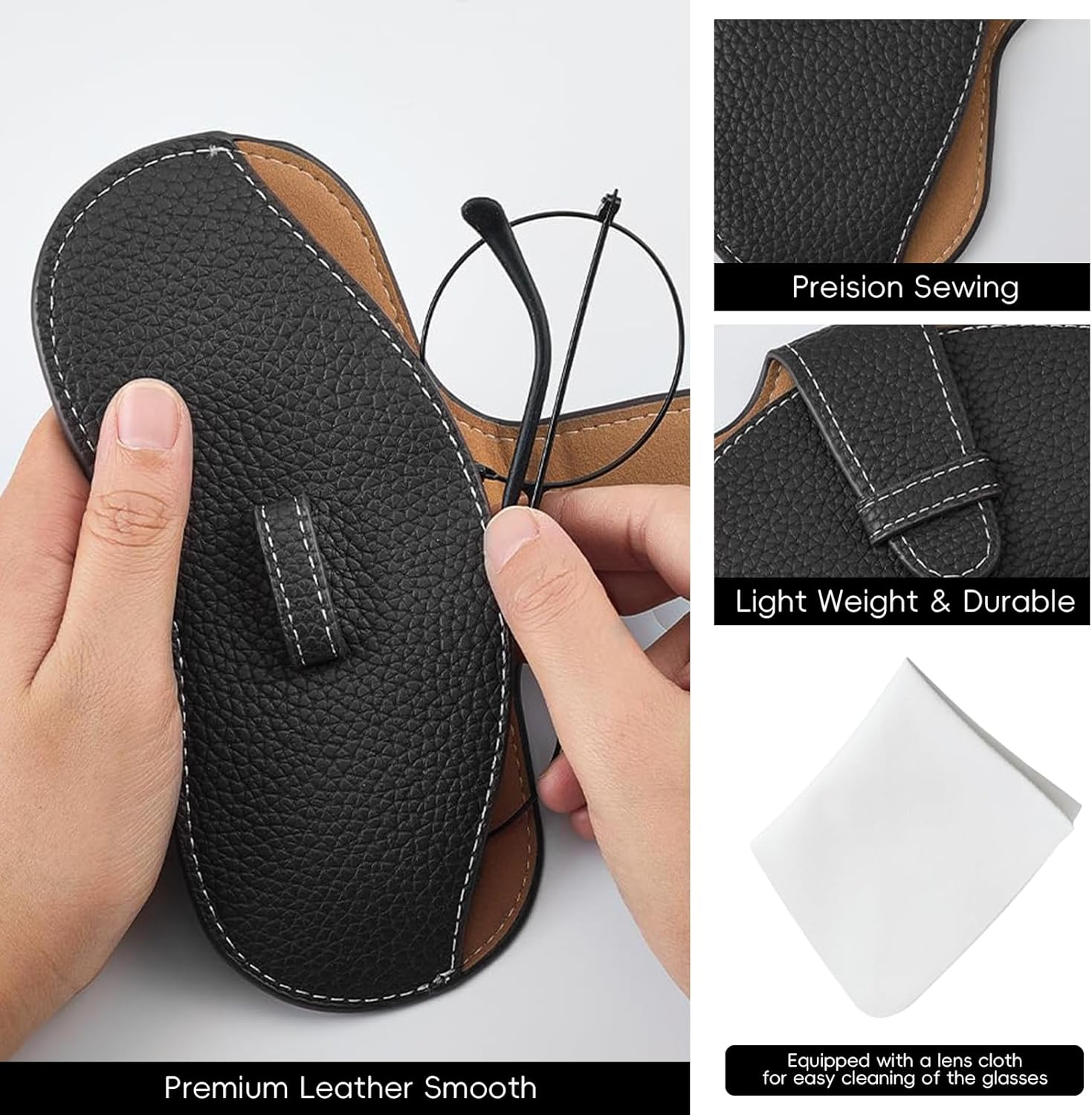 Xlihdzum 1 PCS Portable Soft Genuine Leather Glasses Case, Slim Travel Sunglasses Pouch,Glasses Case for Most Glasses - Durable Soft Sunglasses Case for Men Women image number 5
