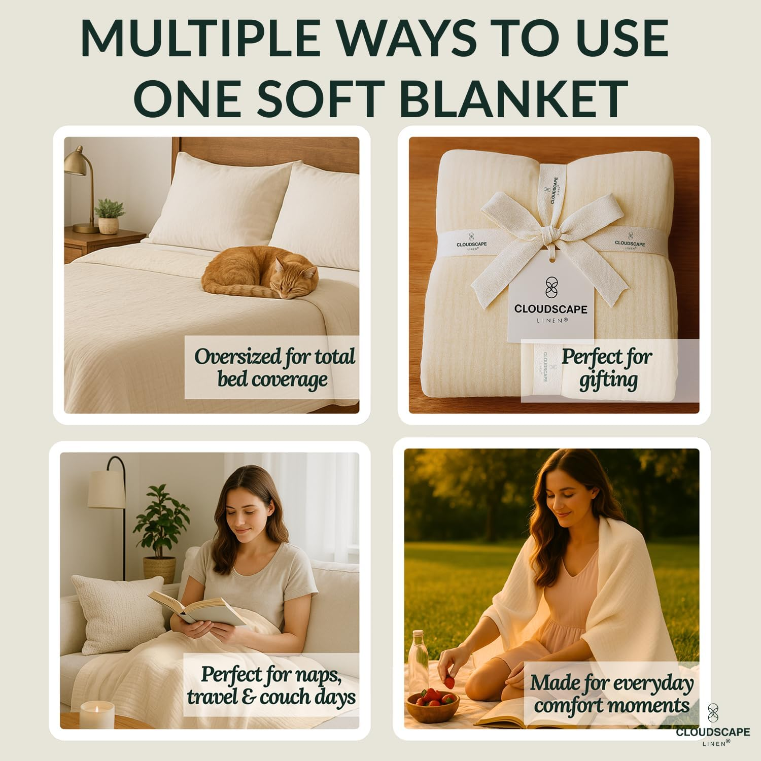 CLOUDSCAPE LINEN Luxury 100% Cotton Muslin Blanket King Size, 4 Layer Oversized 92X108 Fit Upto Calking Bed, Layering Winter Blankets for Bed, Soft Cotton Gauze Quilt, All Season Ivory Bedding image number 2