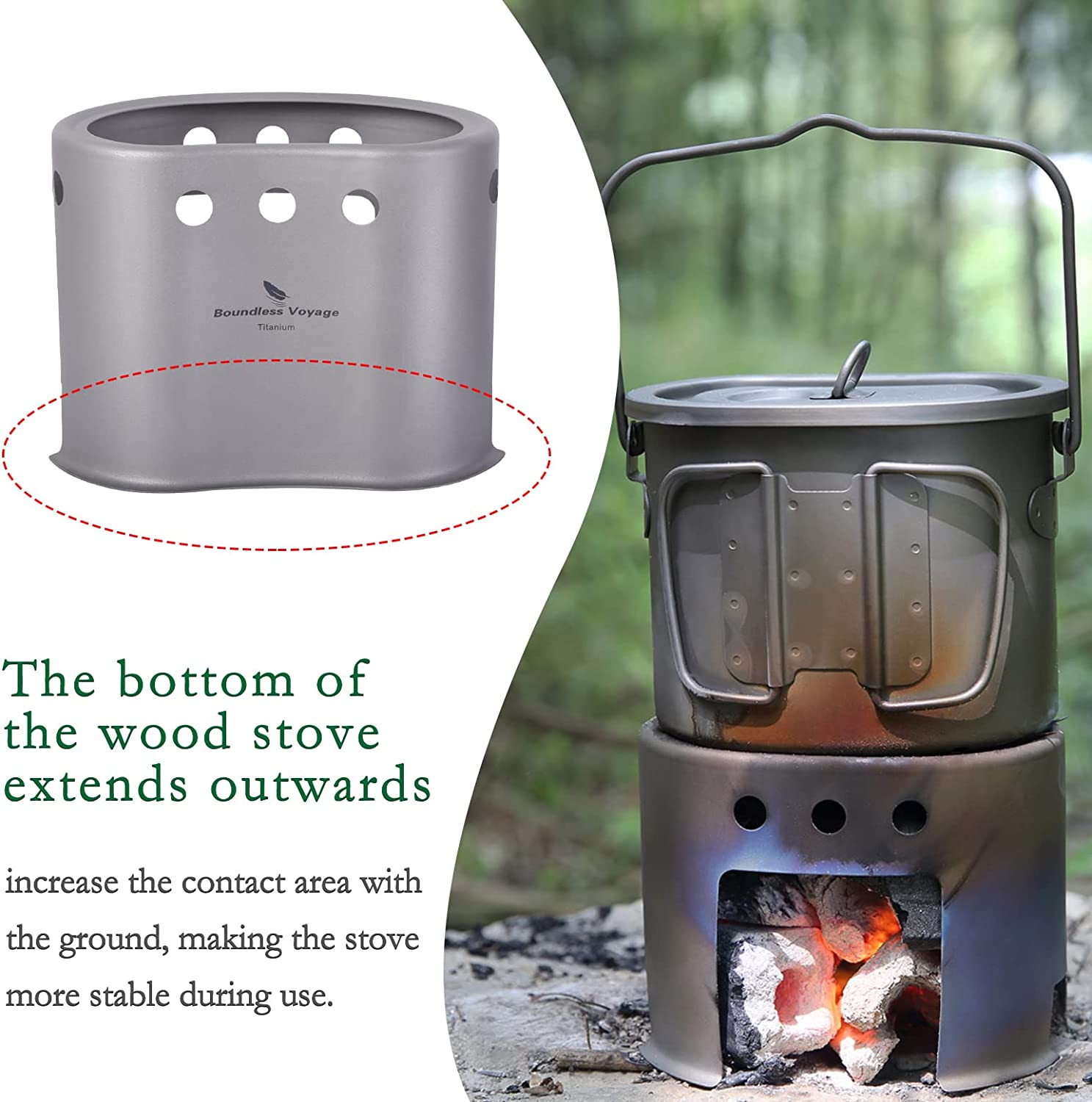 Boundless Voyage Outdoor Titanium Pot with Stove Set Ultralight Foldable Wood Stove Pot Set for Camping Picnic Hiking Backpacking Ti2005C image number 2