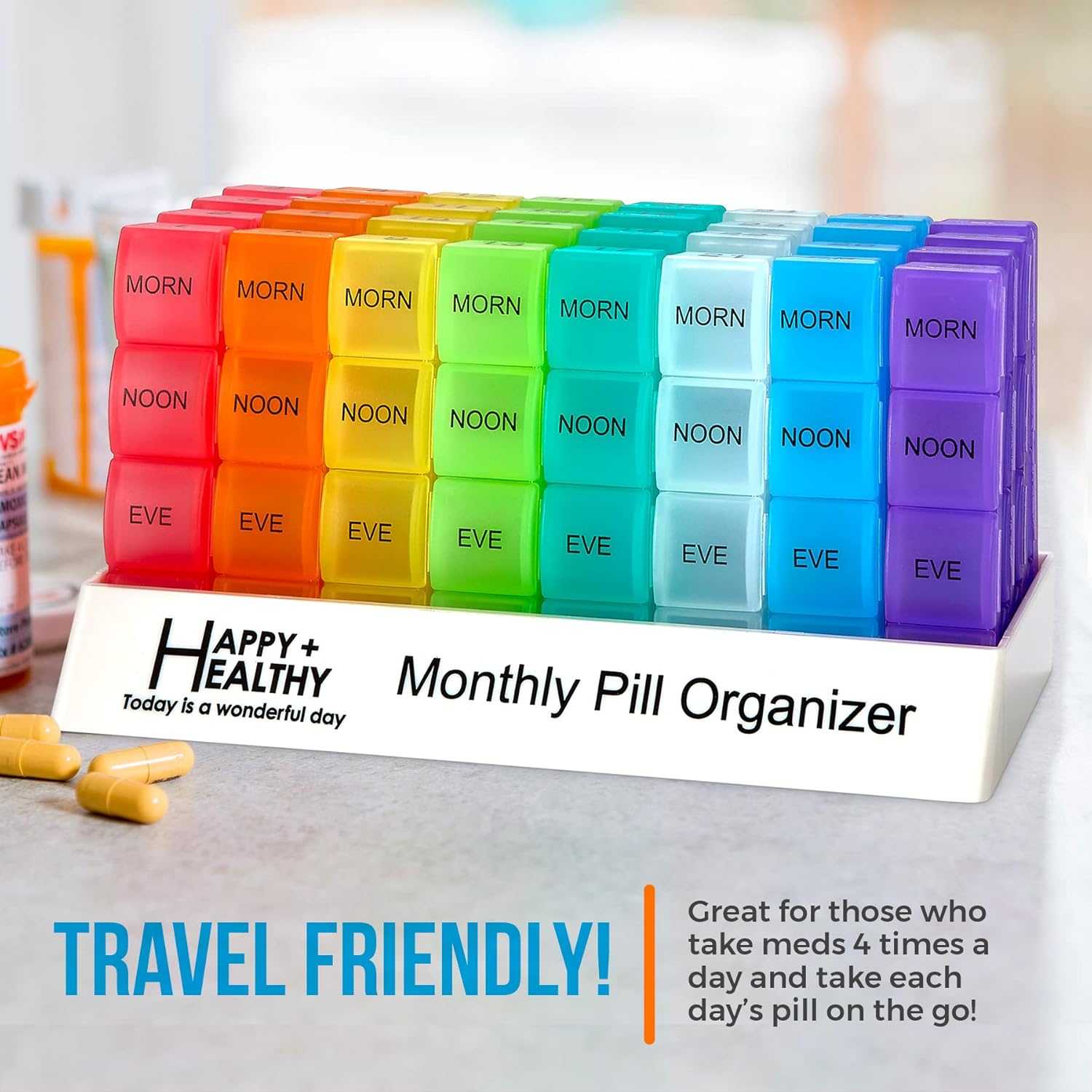 Month Pill Box Organizer - 4 Times-A-Day Morning-Noon-Evening-Night - Large 32 Daily Pill Cases with Compartments for Vitamins, Supplements, Medication -Travel Monthly Pill Organizer, Rainbow image number 6