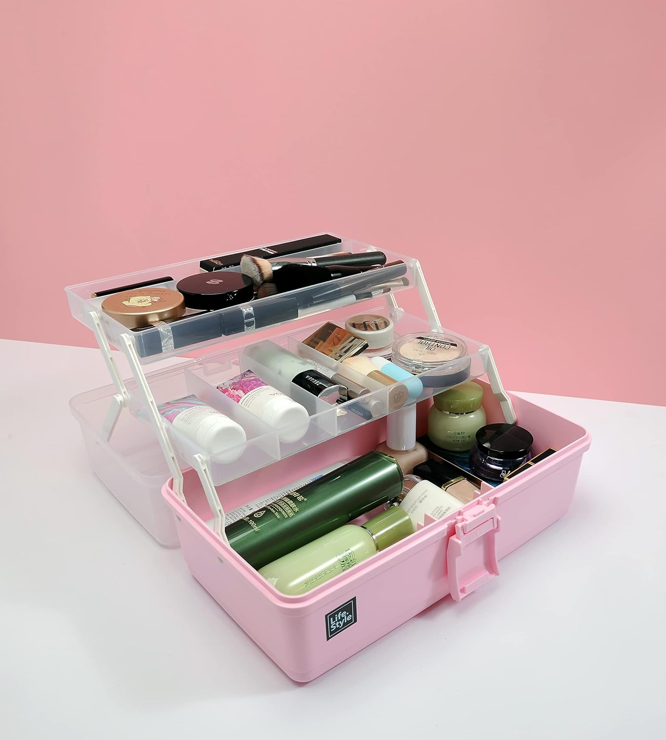 3 Layers Plastic Portable Storage Box, Multipurpose Organizer and Storage Case for Art Craft and Cosmetic, Portable Handled Storage Box for Home, School, Office, First Aids (Pink) image number 4