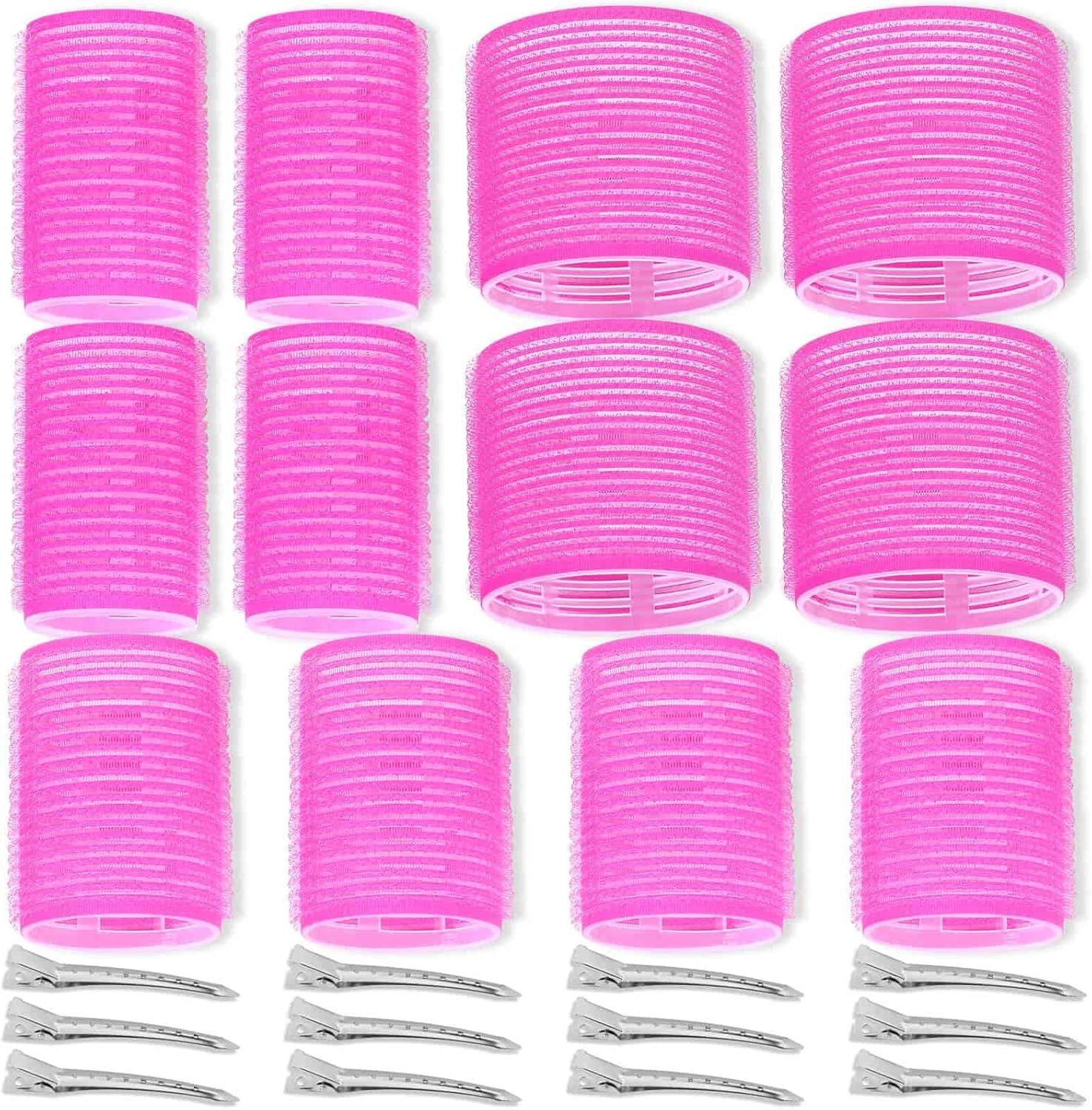 Self Grip Hair Rollers and Curlers Set - 24 Pieces with 3 Sizes (4 Jumbo, 4 Large, 4 Medium) and 12 Clips for Long, Short, Thick, Fine Hair Styling