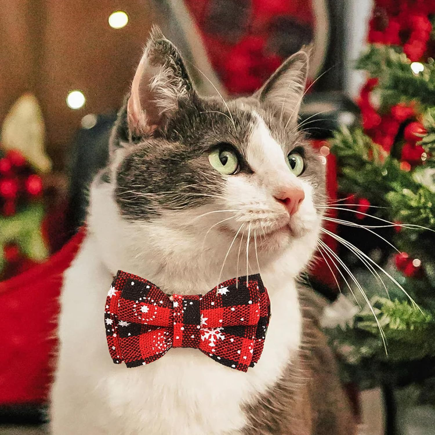 Pack of 3 Christmas Cat Collar Adjustable, Red Green Checked Snowflakes Cat Collars with Bow Tie & Bells Christmas Cat Costume Accessories Accessories, Easy to Wear and Remove image number 2