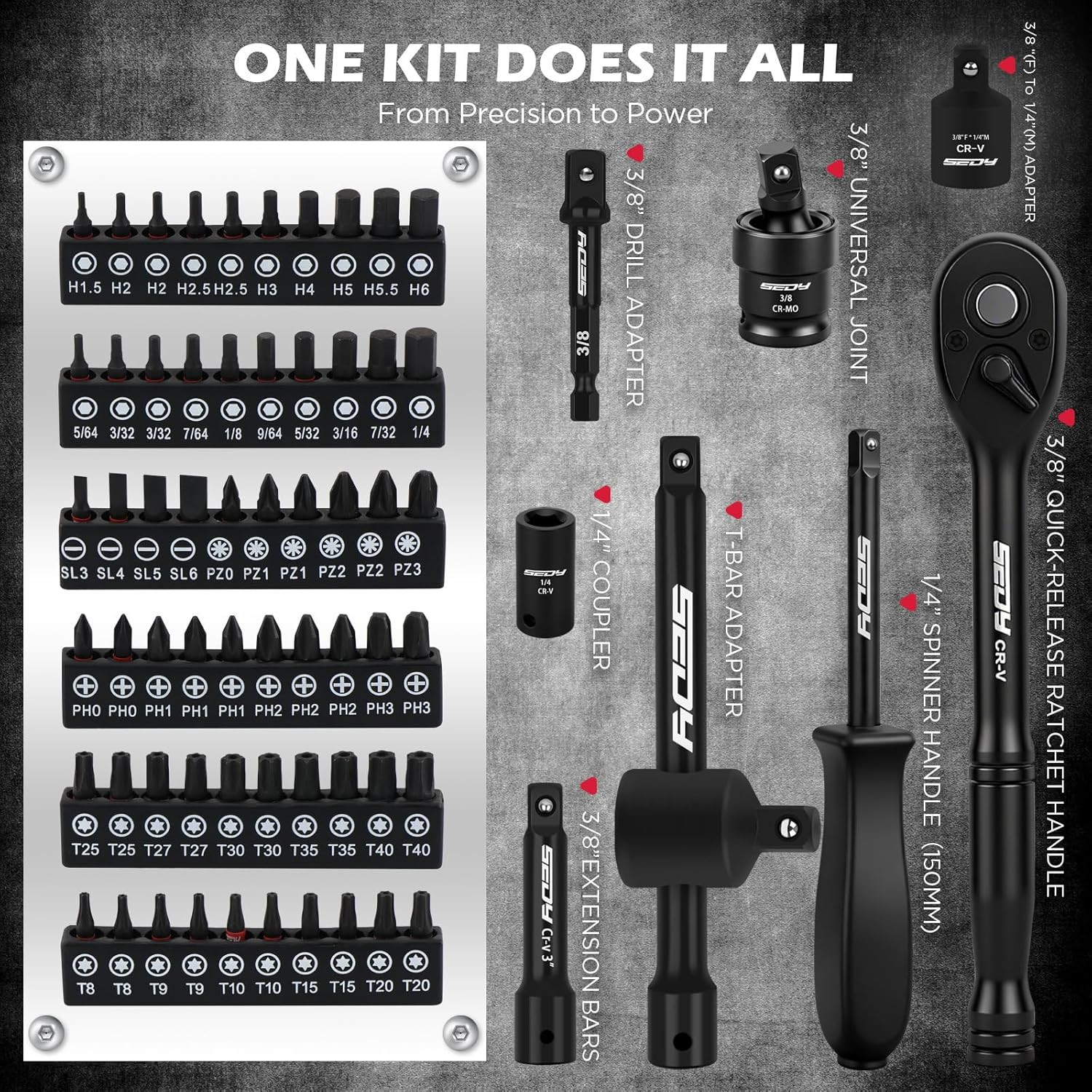 SEDY 132-Piece Mechanics Tool Set, Sae/Metric 1/4" & 3/8" Drive Socket Set, Ratcheting Wrenches, Extensions & Adapters, Quick-Release Ratchet, Professional Auto Repair Tool Kit with Storage Case image number 5