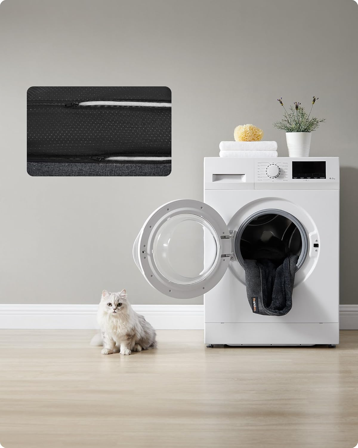 Feandrea PGW009G01 Cat Bed, Dog Bed, Dog Cushion in Linen Look, Raised Edges, Non-Slip Base, Removable Washable Cover, S, for Mini Dogs, 60 X 50 X 21 Cm, Dark Grey image number 6