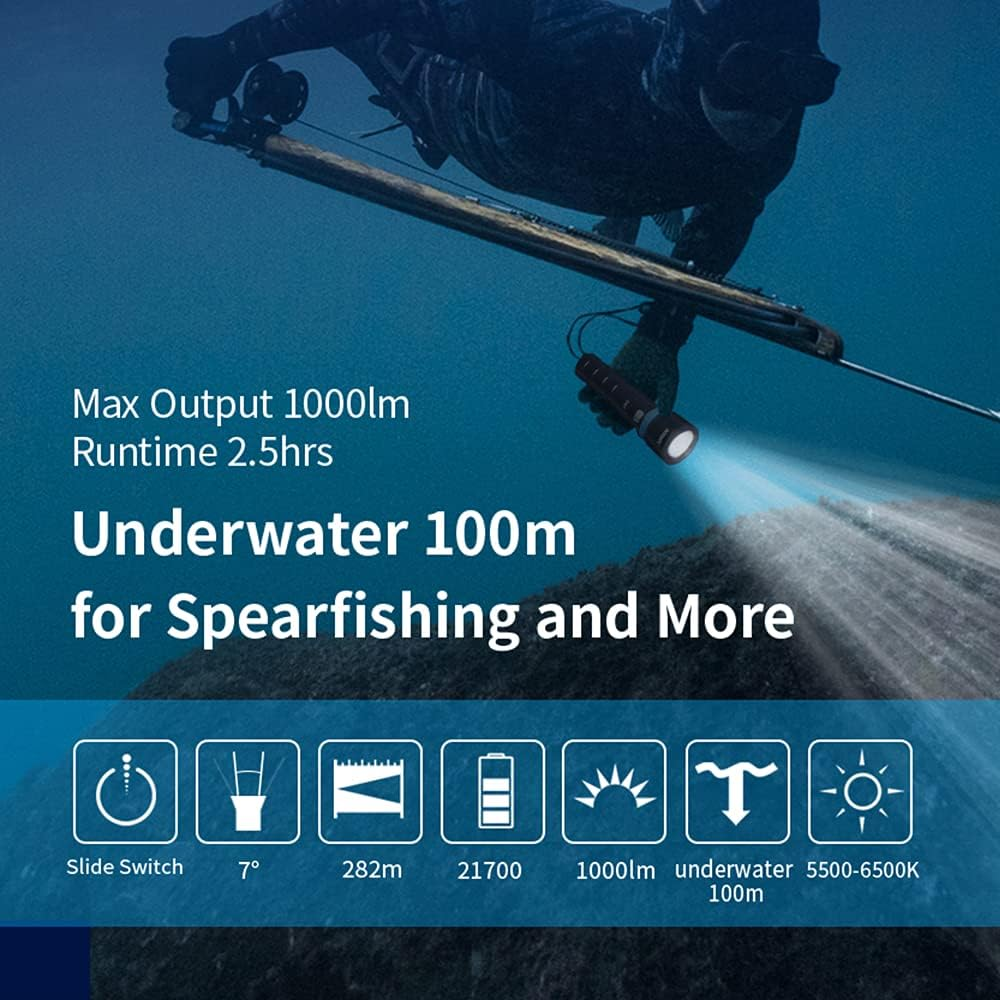 XTAR DS1 Scuba Dive Flashlight,Powerful Spearfishing Diving Torch 1000 Lumens,Magnetic Slide Switch, for Underwater 100 Meters Night Diving Spearfishing Hole Hunting Lobstering image number 5