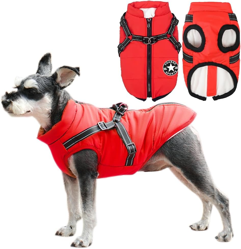 Voarge Dog Jacket, Winter Vest, Jackets, Dog Coat with Harness for Small Dogs, Waterproof Machines, Washable, Reflective Stripes Design, Durable D-Ring (5XL, Red)
