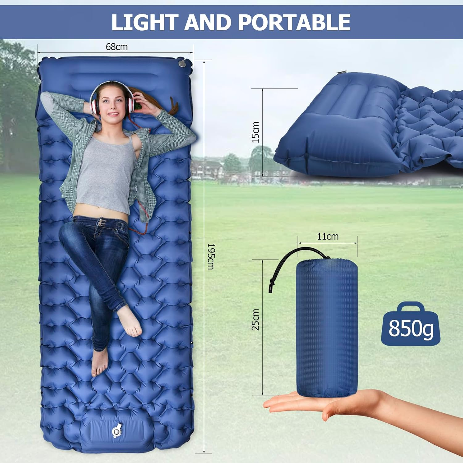 Amtake Camping Sleeping Pad, Self-Inflating Camping Mattress Sleeping Mat,10 Cm High Air Mattress with Built-In Foot Pump, Lightweight Inflatable for Traveling, Hiking and Outdoor (Blue) - Blue image number 3