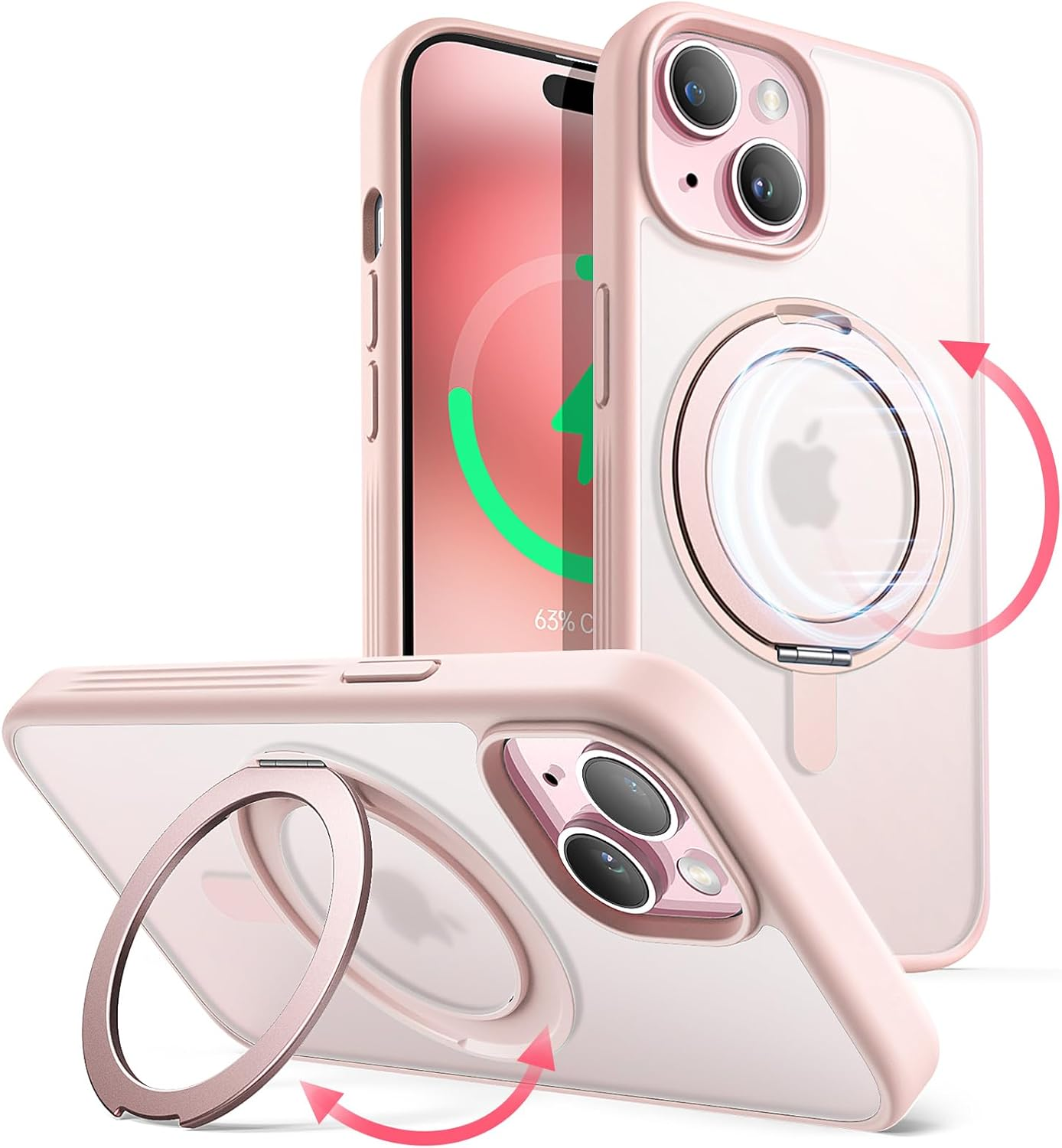 Jetech 360 Degree Rotatable Ring Case for Iphone 15 plus 6.7-Inch Compatible with Magsafe, Slim Shockproof Phone Cover with Stand & Ring Holder (Pink)