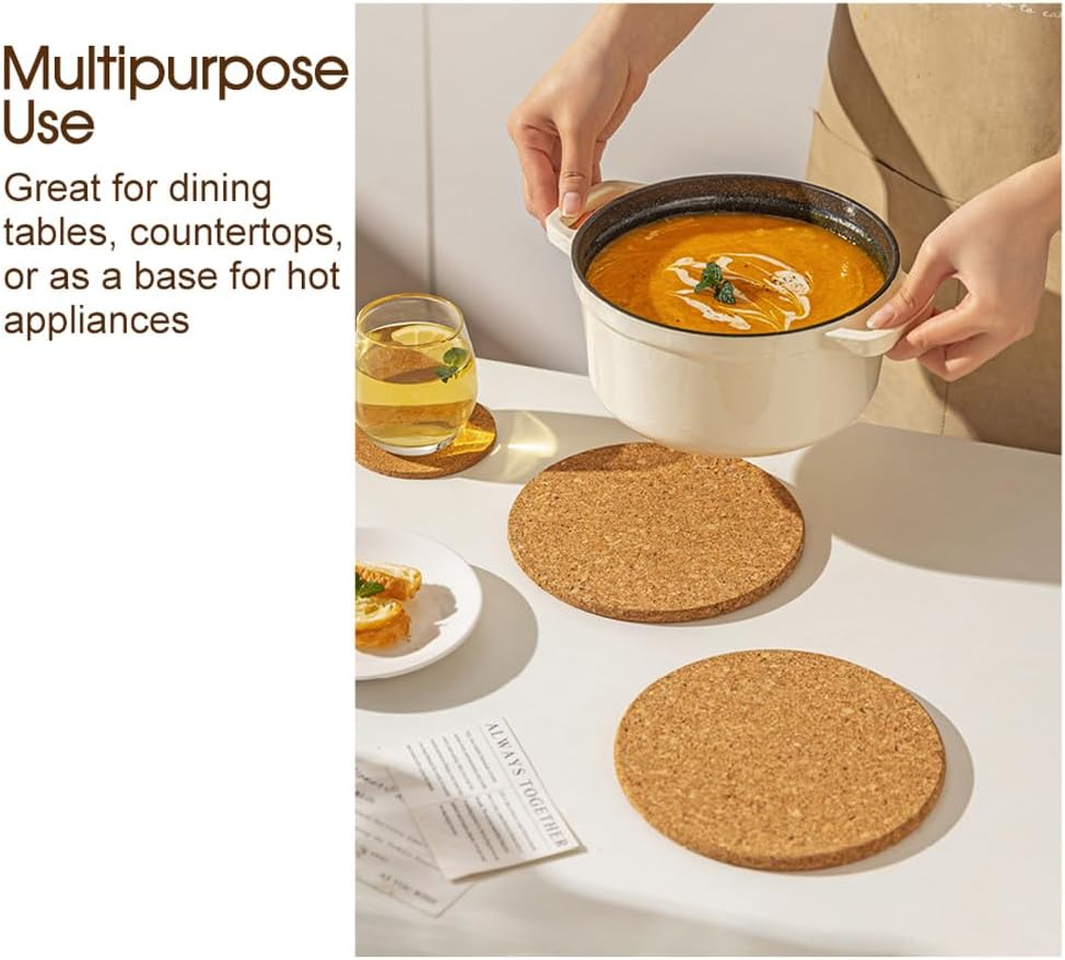Tootoo 2/4/6PCS Natural Cork Trivets - 18CM round Heat Resistant Hot Pad Set for Kitchen Countertops, Dining Tables - Non-Slip, Eco-Friendly Pot Holders & Hot Plate Mats (6) image number 2
