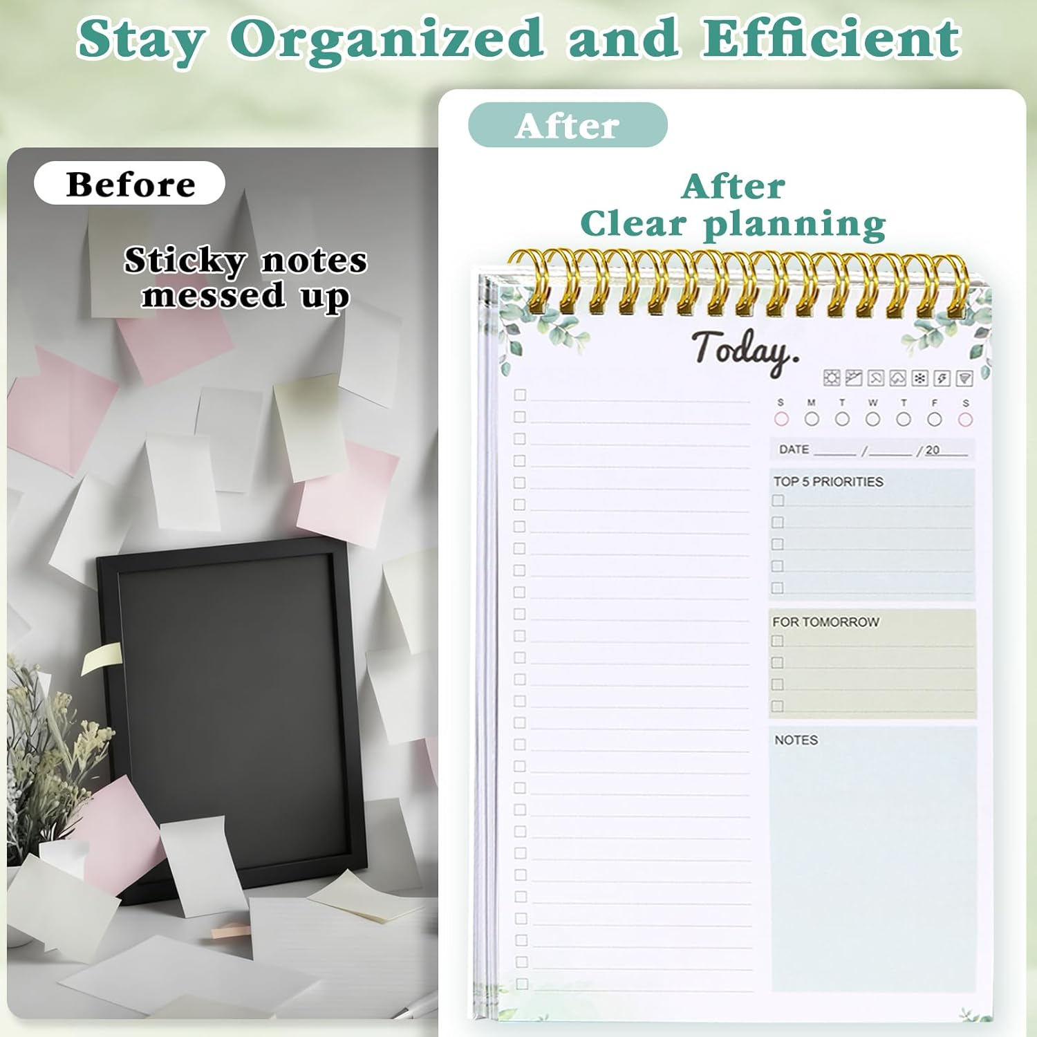 Doublecare 2 Packs To-Do List Notepad, A5 Daily Planner Notepad, Totally 208 Pages Undated Planning Pads with Task Checklist, Spiral Binding, 120 GSM Paper, PVC Cover for Home, Office & School Supplies - Green image number 6