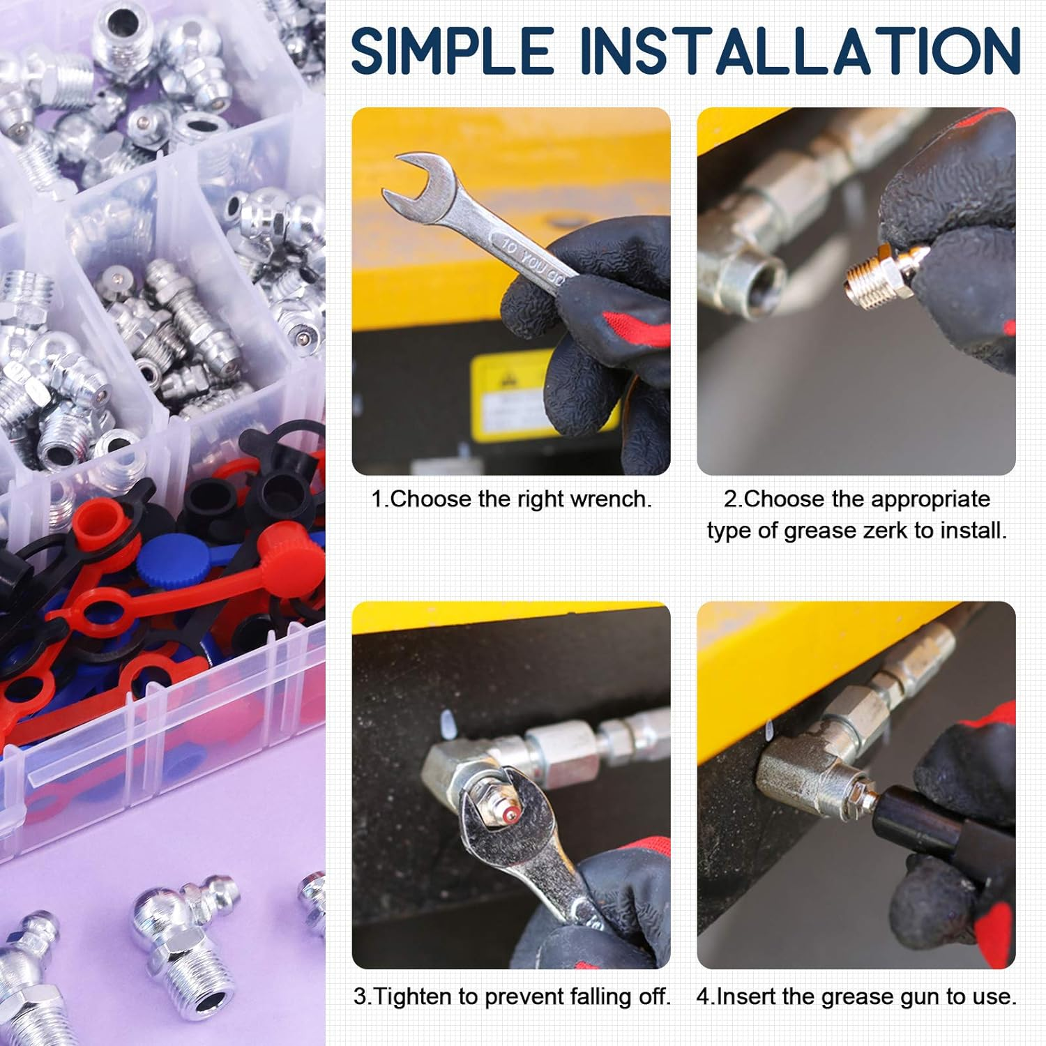 Swpeet 245Pcs SAE & Metric Grease Nipple Assortment Kit, Hydraulic Grease Fittings Standard with Plastic Grease Fitting Cap &ndash; 1/4", 1/8" M6 M8 M10 Straight, 90 Degree, 45 Degree Angled Grease Zerks