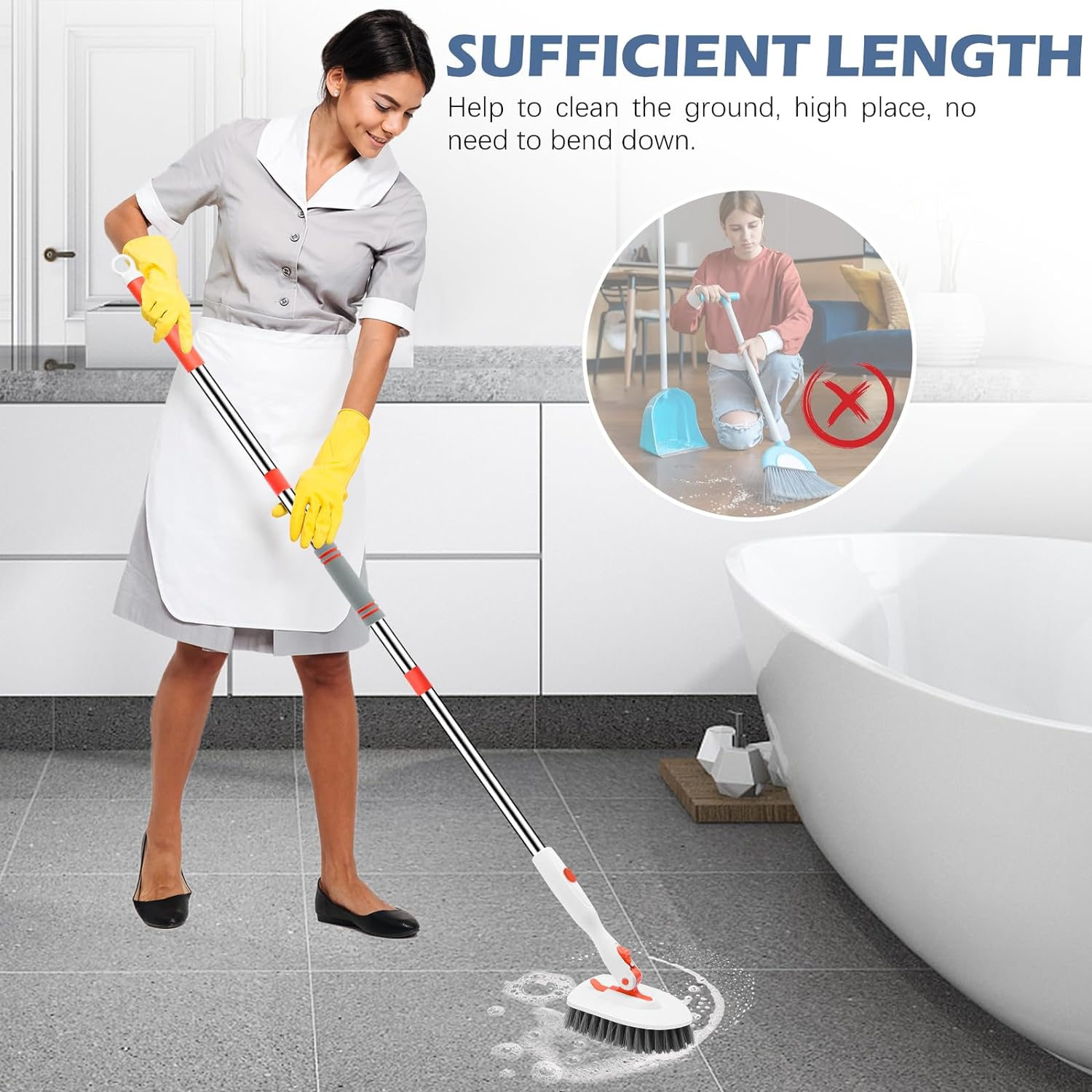 Setsail Floor Scrub Brush, 3-In-1 Tile Tub Floor Scrubber with 52-Inch Adjustable Long Handle Shower Cleaner Brush and 3 Detachable Replacement Brush Heads for Cleaning Bathroom Kitchen Walls Tub Tile