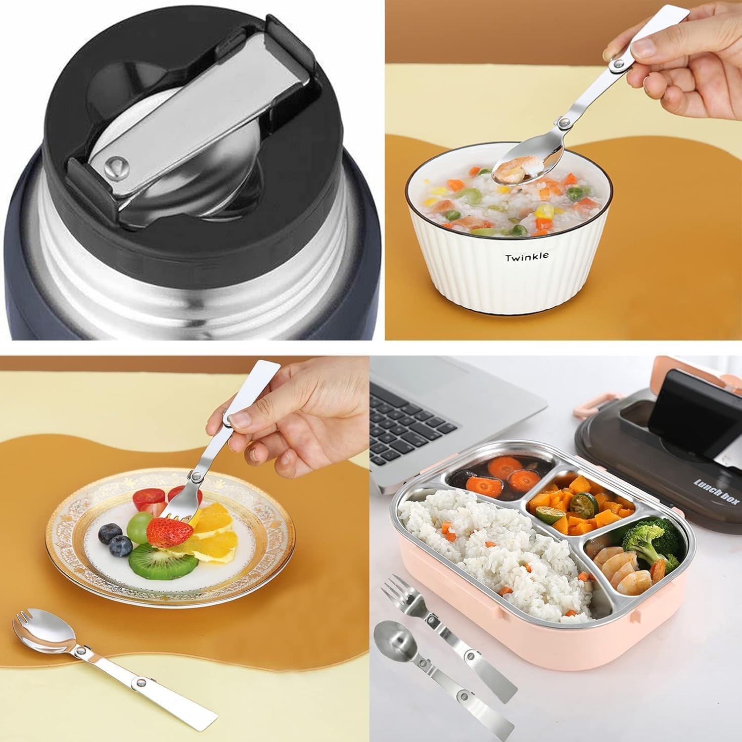 3 Pack Foldable Spoon Fork Salad Spork Set (304) Stainless Steel Portable Camping Flatware Set for Thermos Outdoor Travel Picnic Fishing Boating image number 5