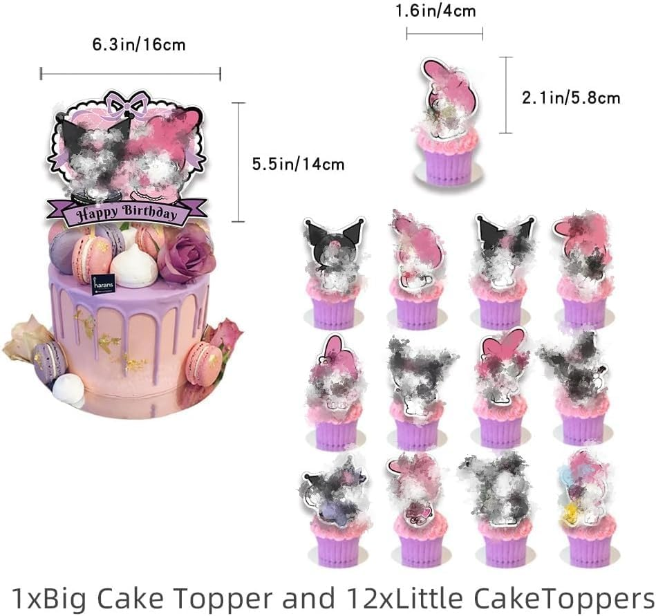 My Melody and Kuromi Birthday Decorations Party Supplies Kawaii Sanro Party Favor Include Happy Birthday Banner, Cake Topper,Balloon，Cupcake Toppers, Carton Decorations for Girls image number 3
