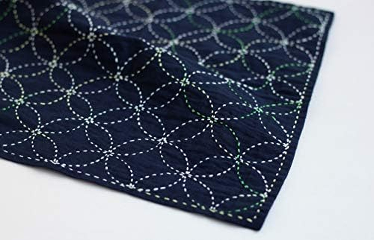 Sashiko Kit, Yokota Sashiko Thread, Needles and Template Yume Fukin with Original English Manual, Thimble Sewing Set, Fabric, Japanese Textile (White Thread/Navy Dishcloth)