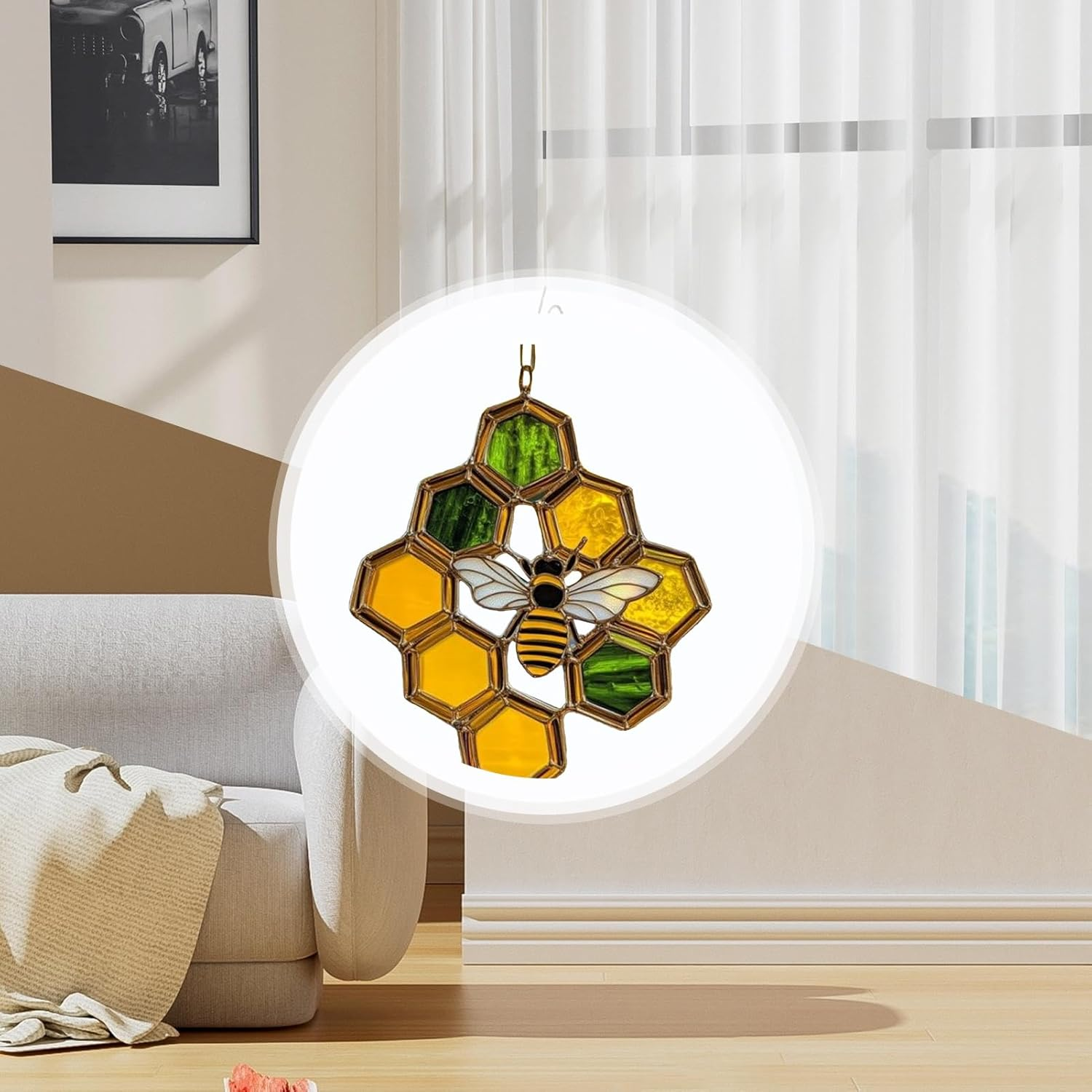 Bee Decoration, Garden Decoration Made of Acrylic with Bee Motif, Nature-Inspired Honeycomb Mobile for Kitchen, Garden, Balcony and Children'S Room