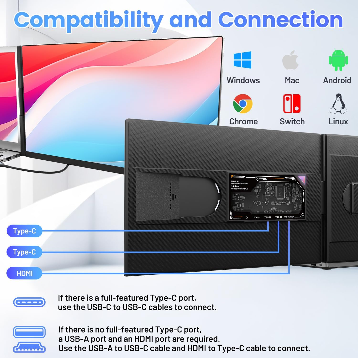 Teamgee 15.6" Laptop Screen Extender, Slim & Lightweight Portable Monitor for Laptop, Full HD IPS, 360&deg; Rotating Stand, Detachable, USB-C Plug & Play, RGB Lighting, Thin Bezels image number 1