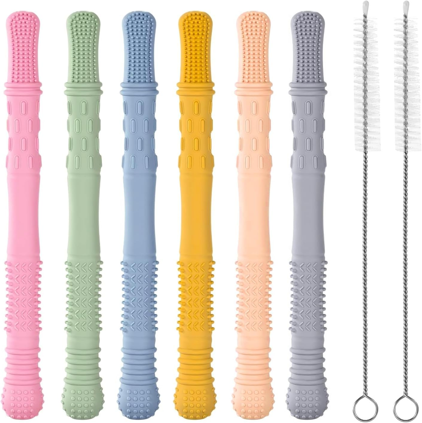 6-Pack Hollow Teether Tube & Chew Straw Sensory Toy - Silicone Teething Toys for Babies 0-36 Months | Bpa-Free, Freezable & Textured for Soothing Gums | Infant Developmental Learning Toys, On-The-Go Gift image number 1
