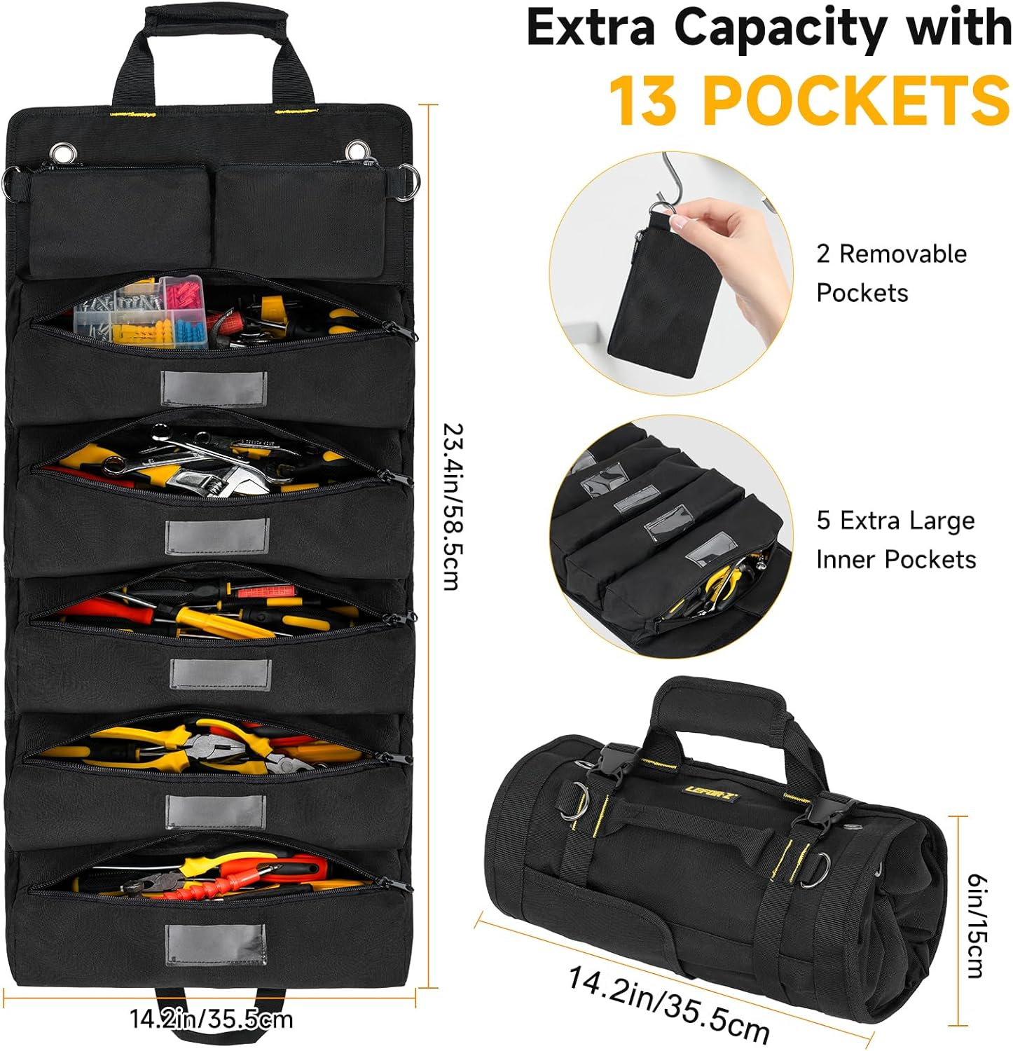 Tool Roll Bag,Roll up Tool Bag Organizer,13 Pockets Large Heavy Duty Portable Tool Storage Carrierpouch Bag for Men,Mechanic,Electrician & Hobbyist,Black image number 2