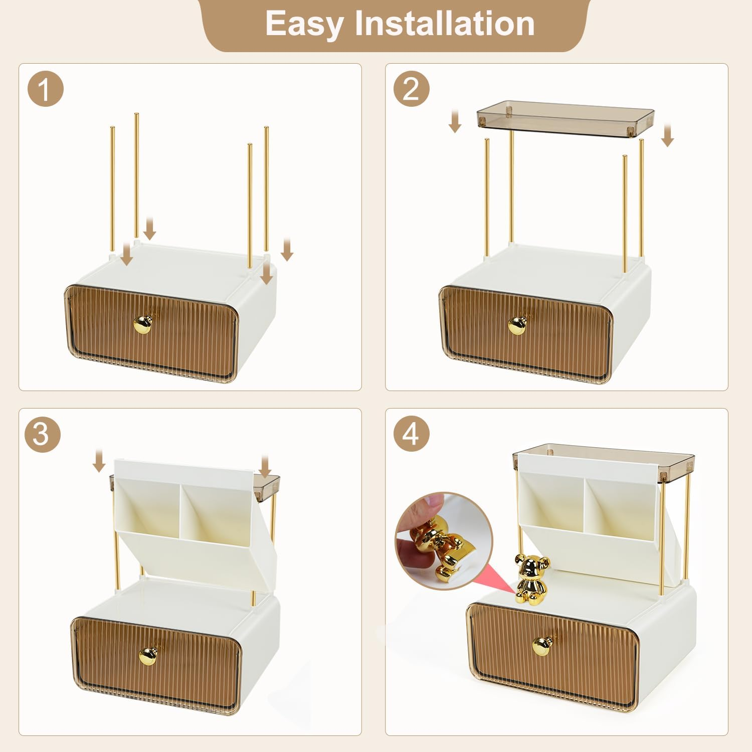 Makeup Organizer Countertop 2-Tier 1-Drawer Cosmetics Organiser Skincare Makeup Organiser Shelf Brush Holder Vanity Organiser (Amber)