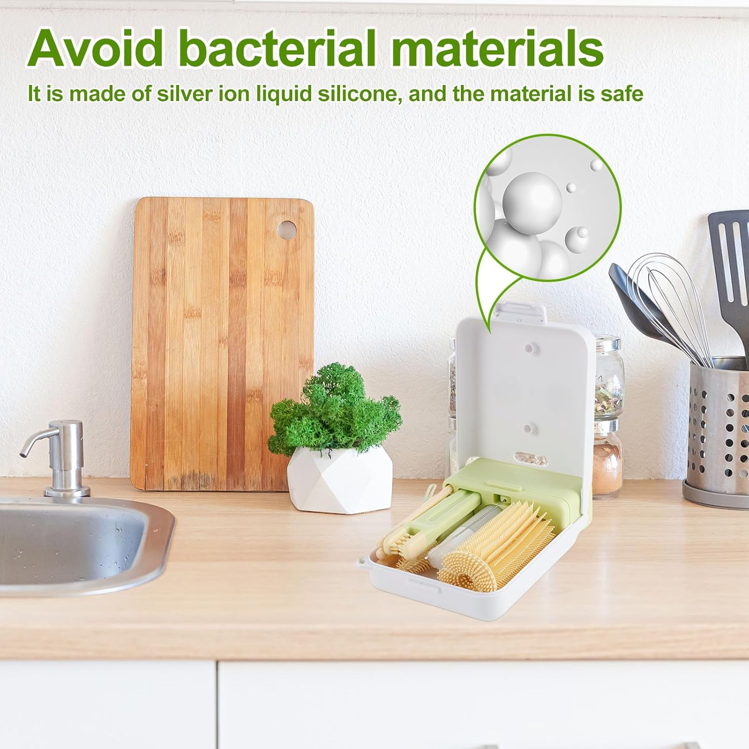 Bottle Cleaning Brush, Multipurpose Bottle Gap Cleaner Brush, with Folding Drain Rack Silicone Portable Cleaning Kit, Long Handle Silicone, anti Scratch, for Travel Camping Hotel Stay (White) - Yellow image number 4