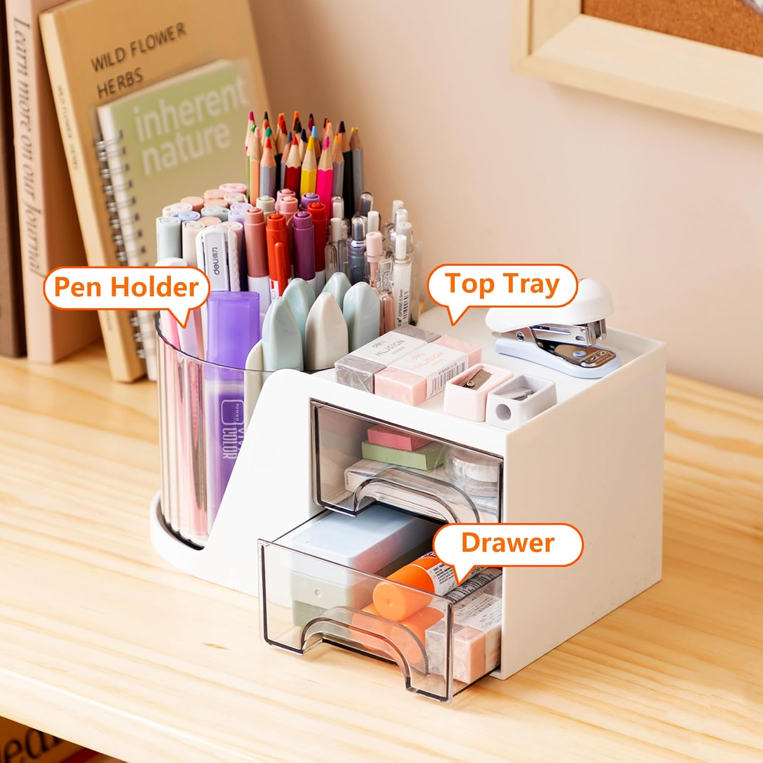 Desk Organizer, 360-Degree Rotating Pen Holder for Desk, Desk Organizers and Accessories with 6 Compartments Pencil Organizer, Art Supply Storage Box Caddy for Office, Home (White) image number 6