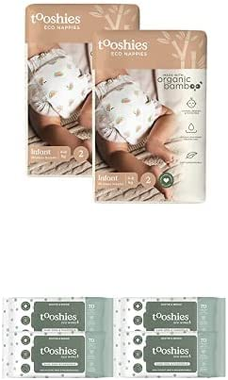 Tooshies Eco Nappies Size 2 Infant, 96 Count + Tooshies Aloe Vera & Chamomile Eco Wipes, 280 Pack