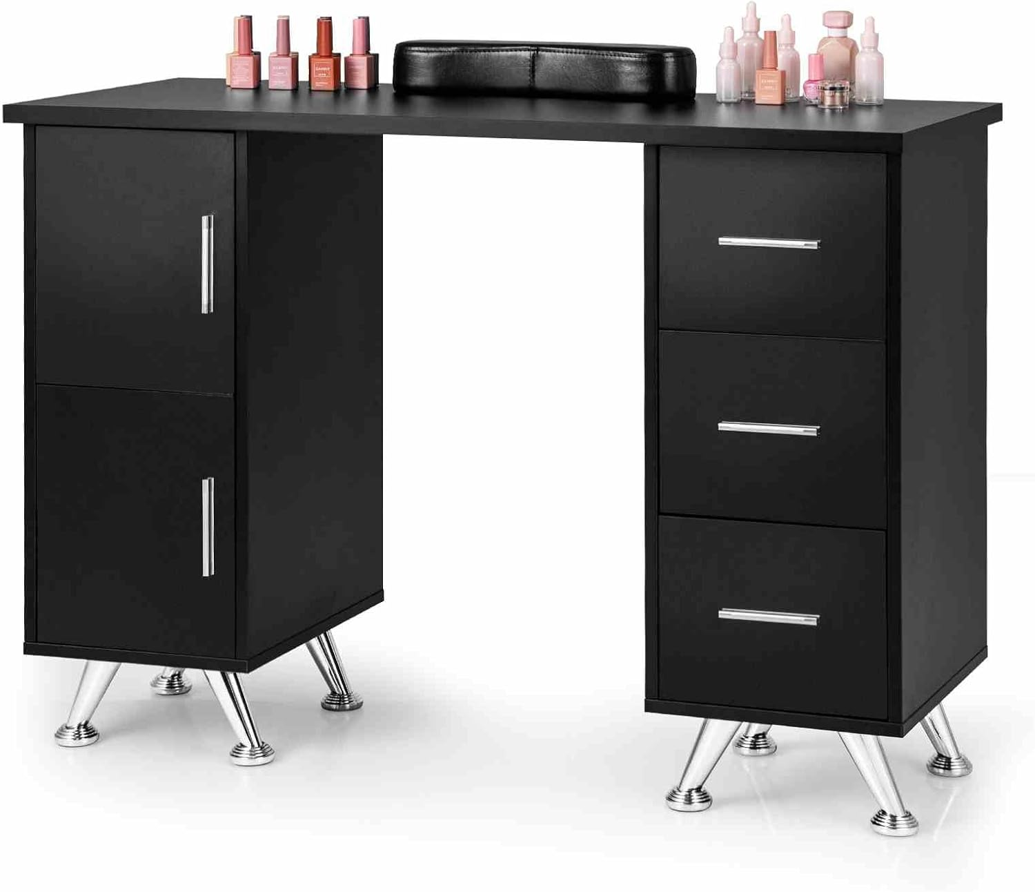 Costway Manicure Table Nail Desk W/Electric Dust Collector, 3 Dust Bags, Wrist Rest, Drawers, Movable Nail Tech Desk on 8 Lockable Wheels, Wooden Nail Art Workstation for Spa Beauty Makeup (Pink)