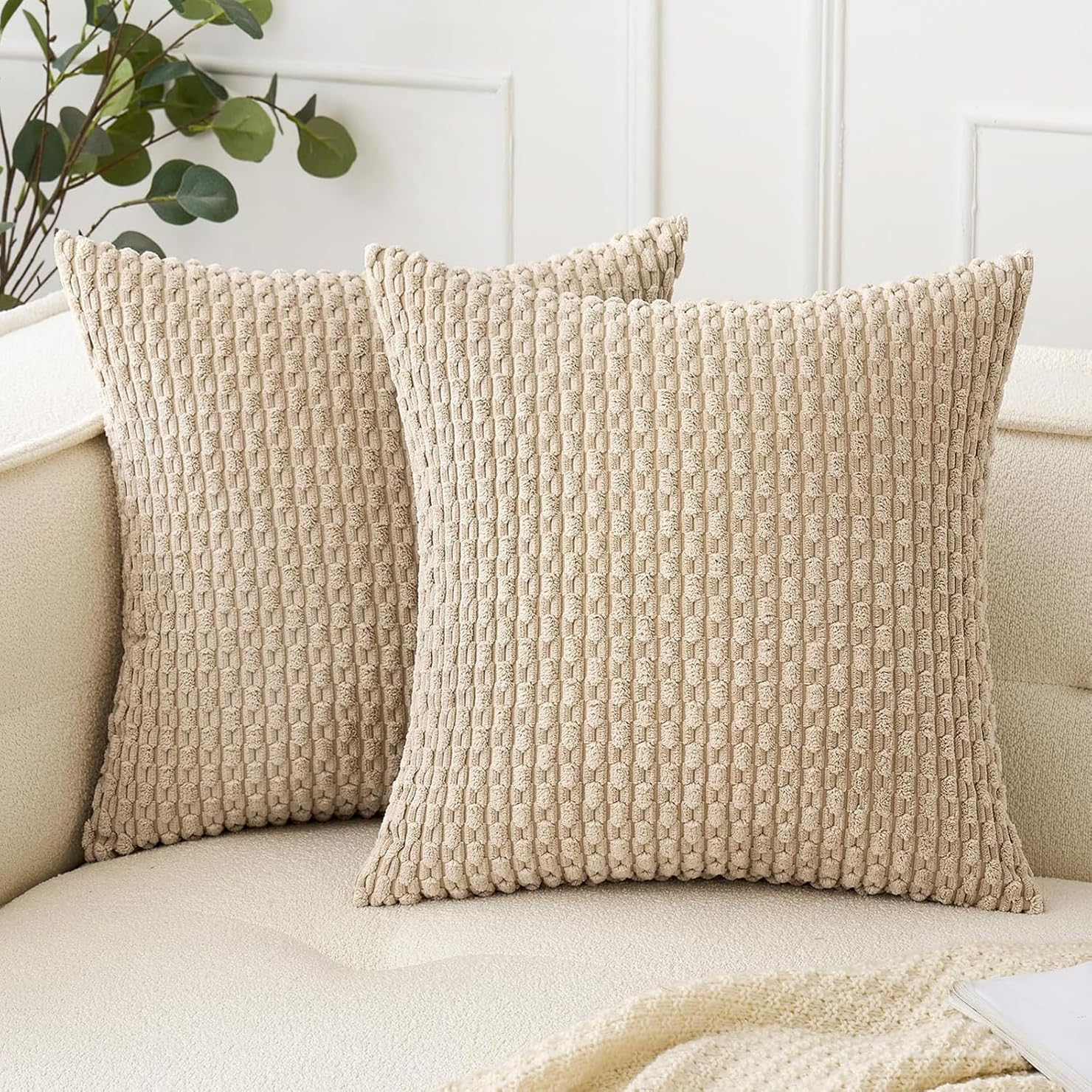 2Pcs Cushion Covers 50Cm X 50Cm, Corduroy Decorative Throw Pillow Covers Soft Boho Striped Pillow Case Modern Farmhouse Home Decor for Sofa Living Room Couch Bed (Khaki, 50Cmx50Cm)