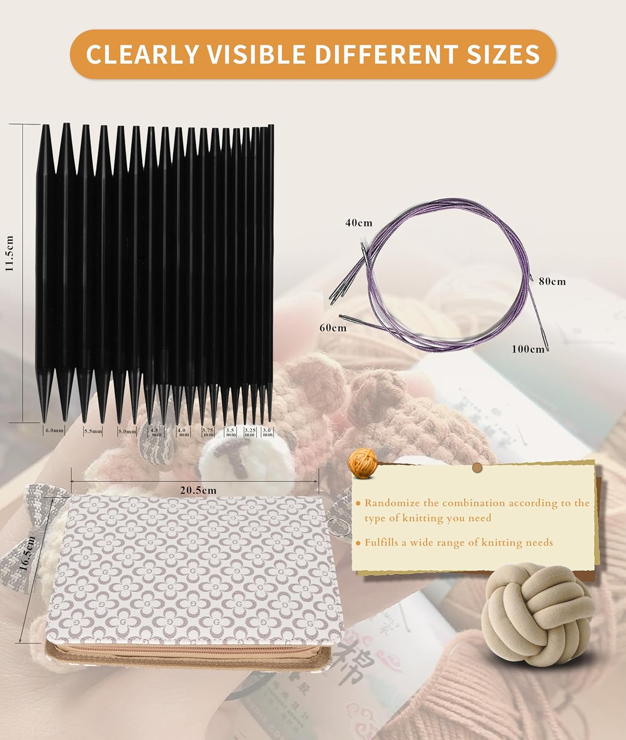 Gugxiom Interchangeable Circular Knitting Needle Set, 9 Pairs (3 to 8Mm), Metal, Ergonomic Handles, Storage Bag, for Weaving Projects