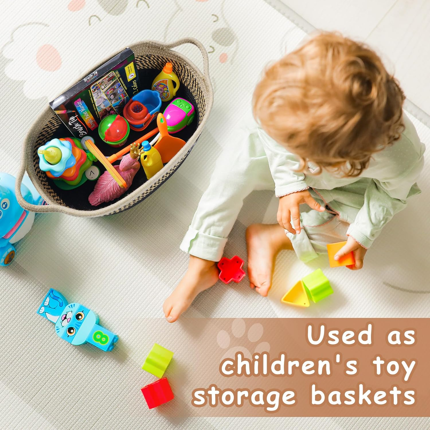 Small Woven Baskets for Organizing Rope Storage Basket with Handle Cute Cotton Nursery Gift Dog Toy Bins Organizer-Light Beige - Blackbeige image number 2