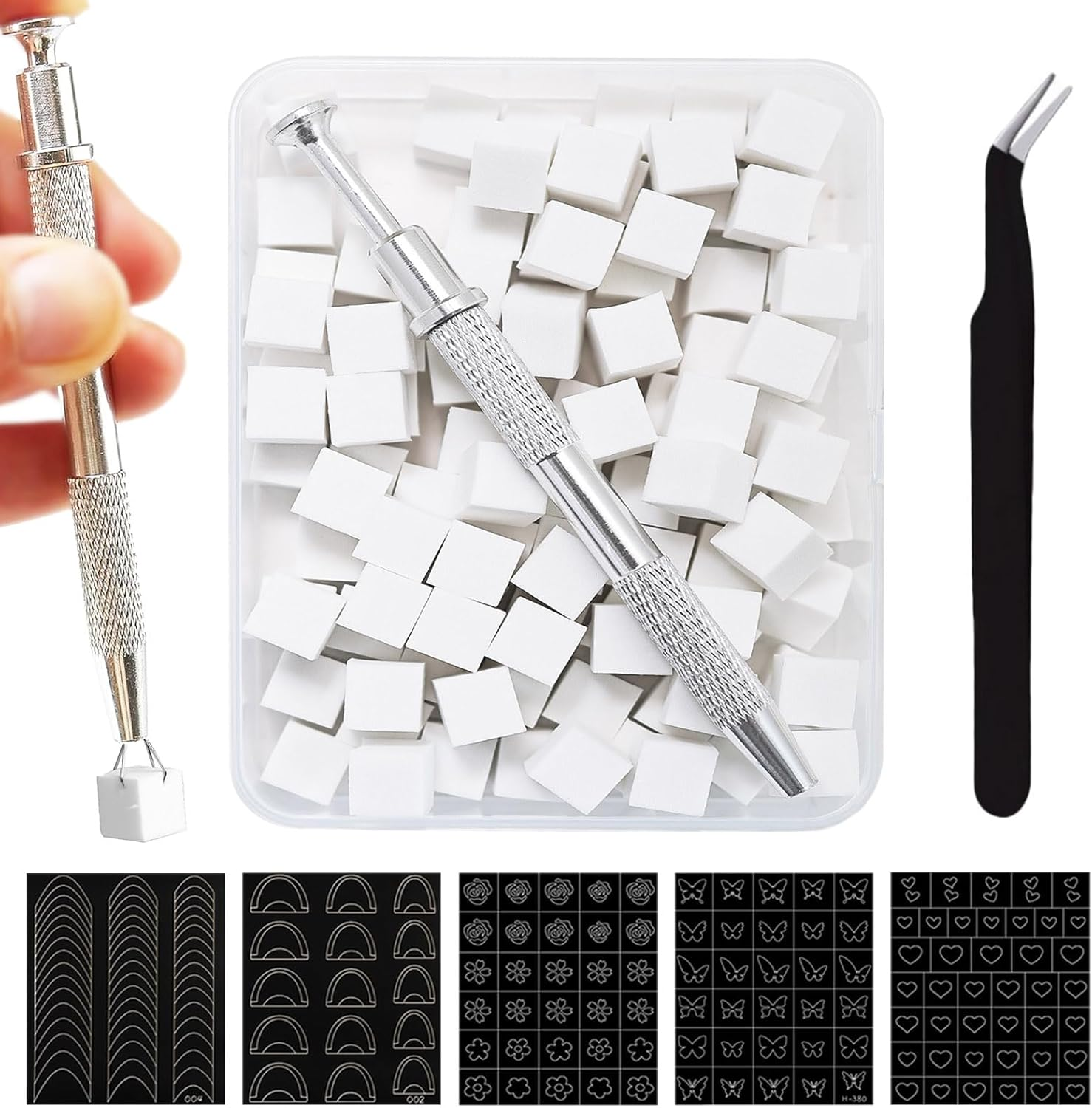 Wishesmar Pack of 100 White Nail Art Sponge for Gradient Nail Design to Create with Metal Gripper, 5 Sheets Nail Stencils Sticker Tweezers, Nail Brush Sponge Brush Applicator Accessories image number 2