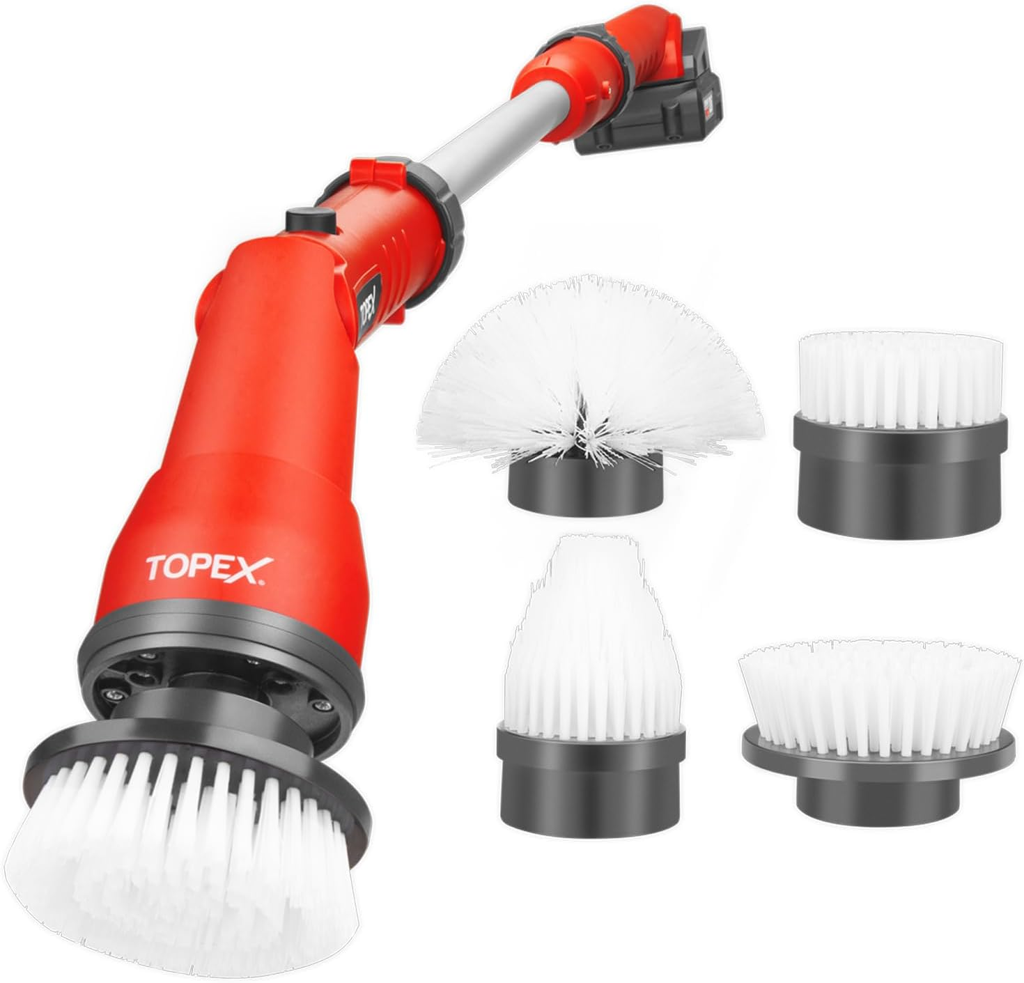 TOPEX 20V Cordless Power Scrubber Rechargeable Electric Bathroom Scrubber Shower Scrubber Cleaning Brush Household Tools W/Extension Handle & 4 Replaceable Brush Heads, 2 Speeds Power Scrubber Brush image number 6