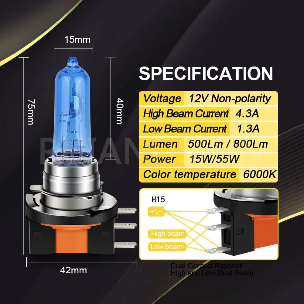 Ruiandsion H15 Halogen Light Bulbs, H15 12V 15/55W Xenon White Bulb Replacement Lamp, Pack of 2
