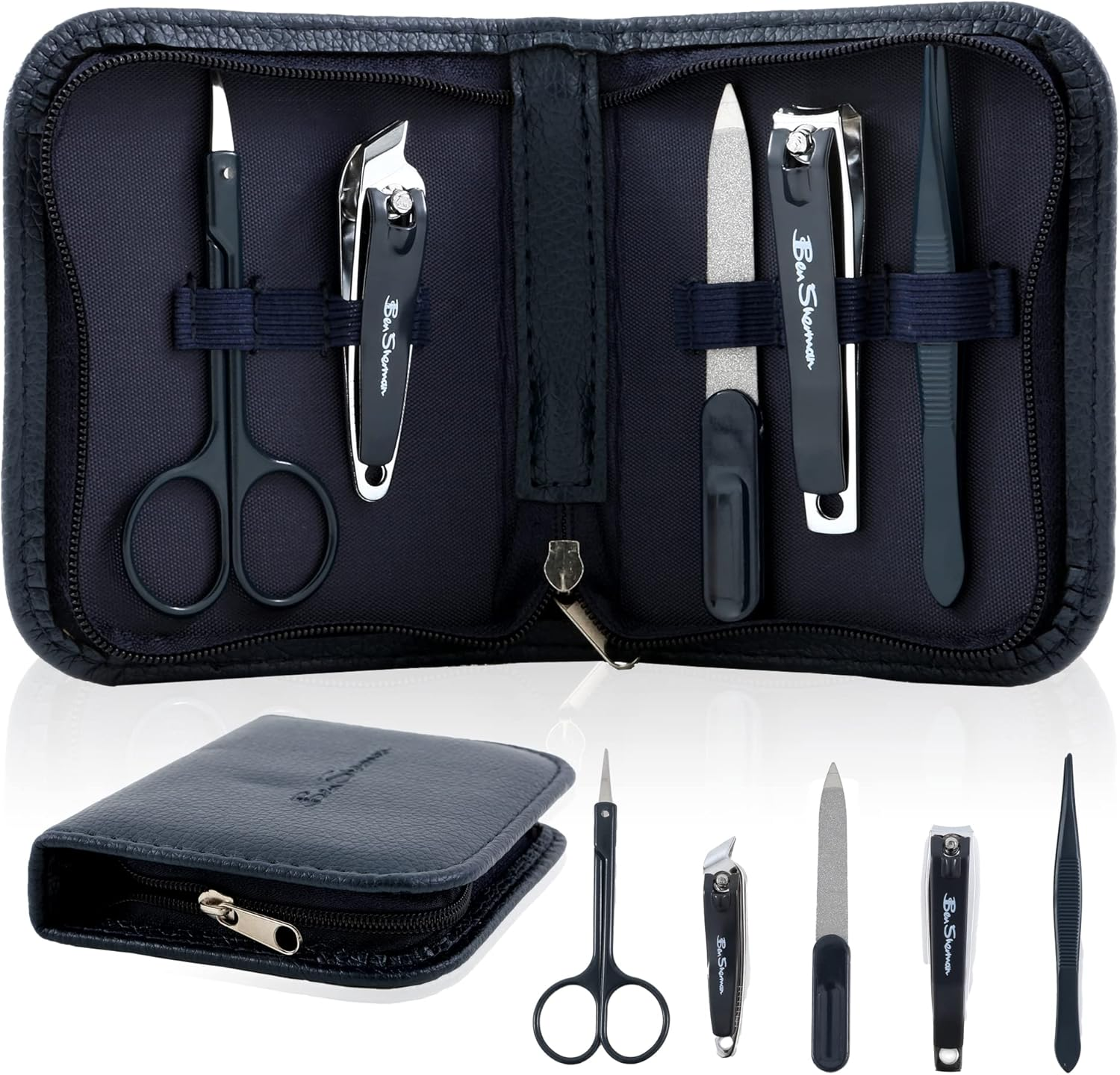 Ben Sherman Nail Clippers for Men Travel Size Nail Clipper Set, 5 Pcs Mens Nail Grooming Kit Includes Nail Clippers, Scissors, Tweezers and Leather Traveling Case image number 5