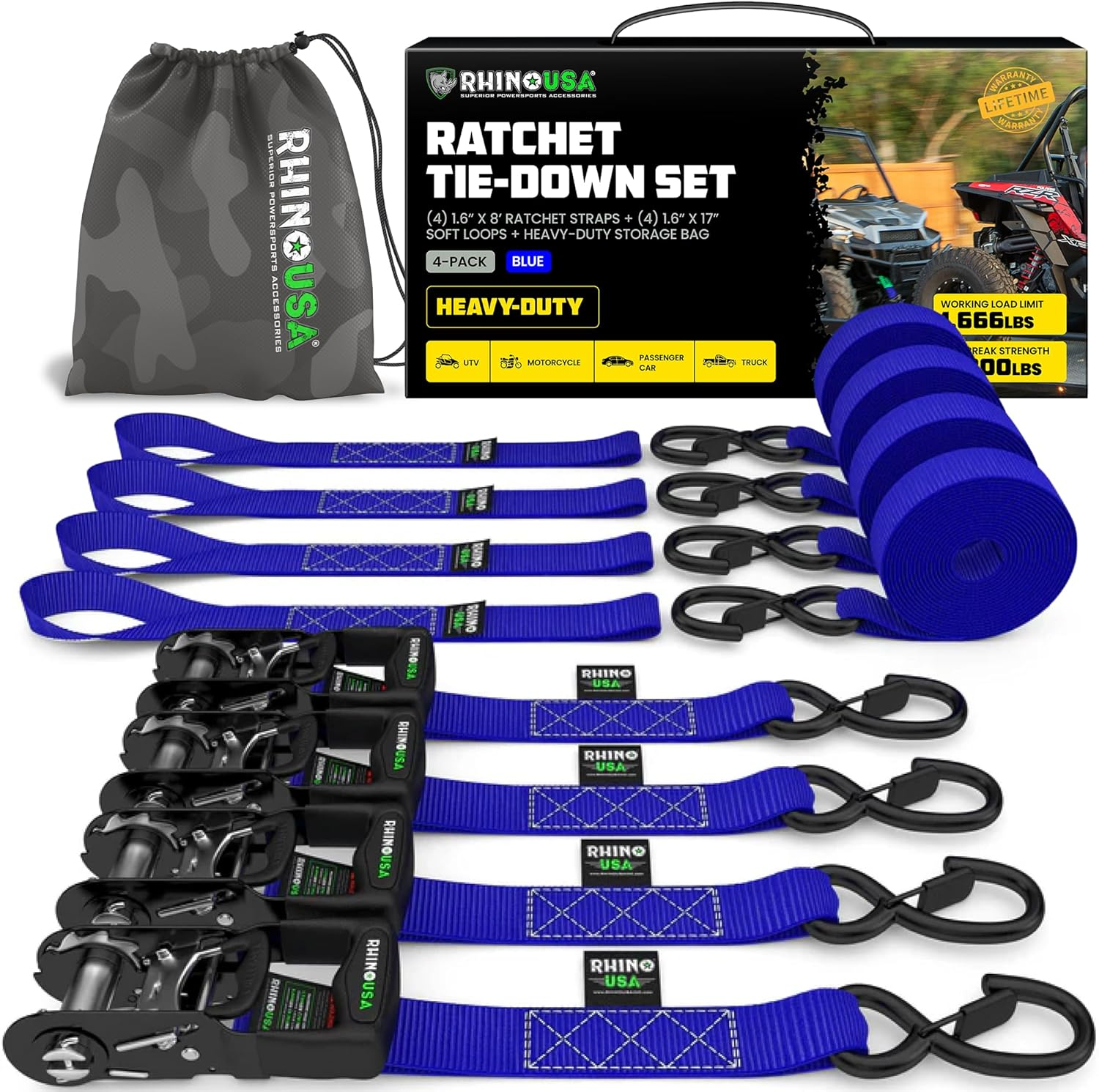 Rhino USA Ratchet Straps Heavy Duty Kit (4-Pack) - 1.6 Inch X 8 Feet (5,208Lb Break Strength) - Ultimate Tie down Straps with Safety S Hooks for Trucks, ATV, UTV, Motorcycle, Cargo & More - Black