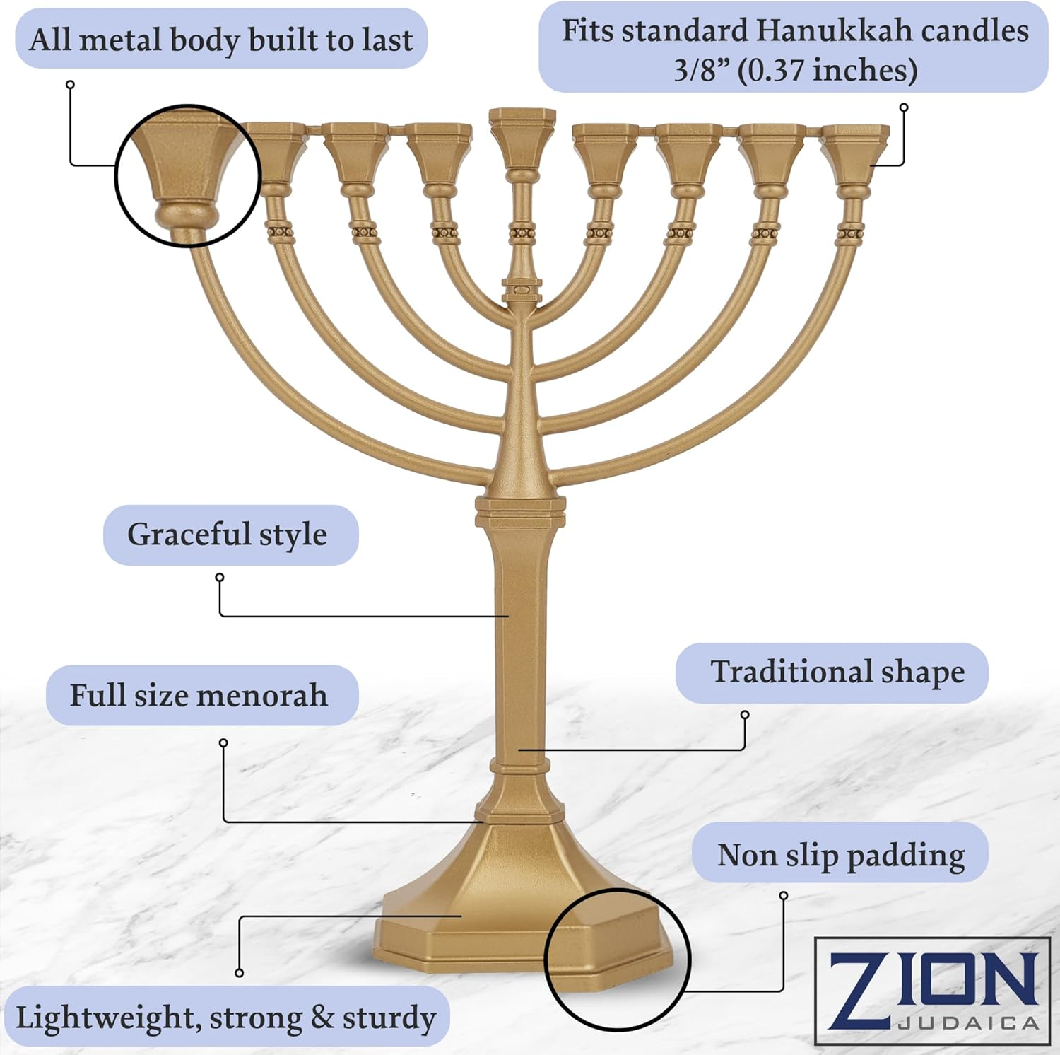 Value Complete Menorah Kit - Traditional Grace Hanukkah Candle Menorah with 44 Chanukah Candles, 4 Dreidels. Chanukkah Handbook Guide a Sack of Chocolate Gelt (Satin Gold) image number 4