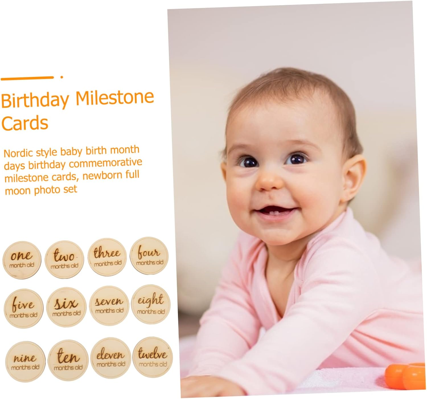 SECFOU 12Pcs Wooden Growth Recording Cards Milestone Photography Props for Newborns for Showers and Monthly Keepsakes image number 2