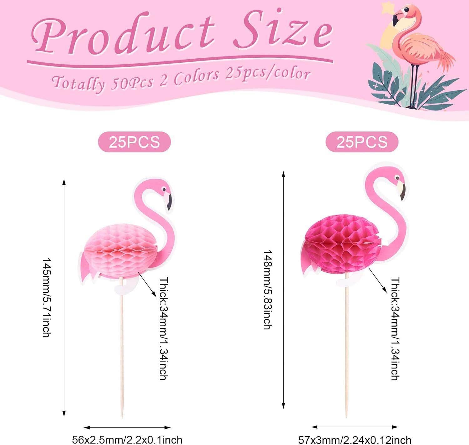 Fashewelry 50Pcs 3D Flamingo Cupcake Toppers Tropical Aloha Cake Picks Luau Cupcake Sticks for Summer Hawaiian Wedding Baby Shower Birthday Festival Christmas